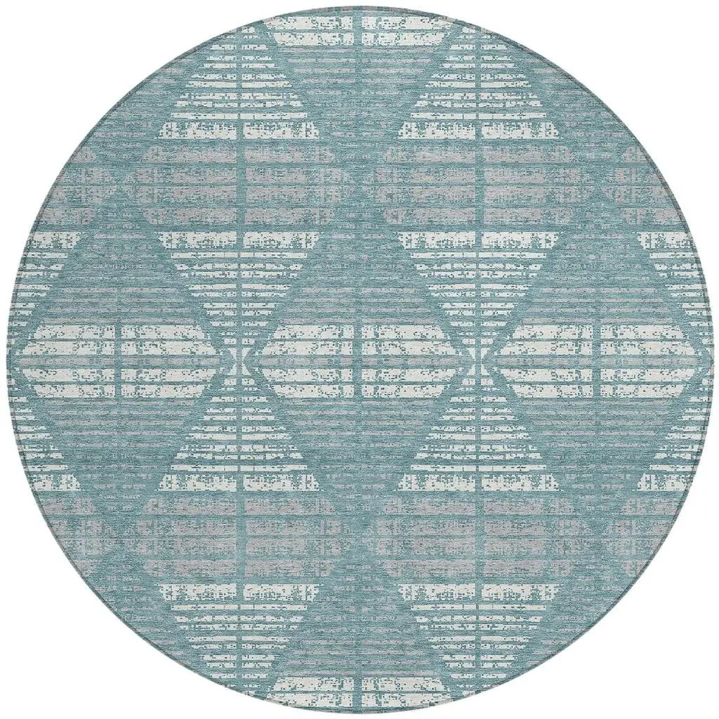 8' Teal Blue And Brown Round Geometric Washable Indoor Outdoor Area Rug Homeroots Outdoor
