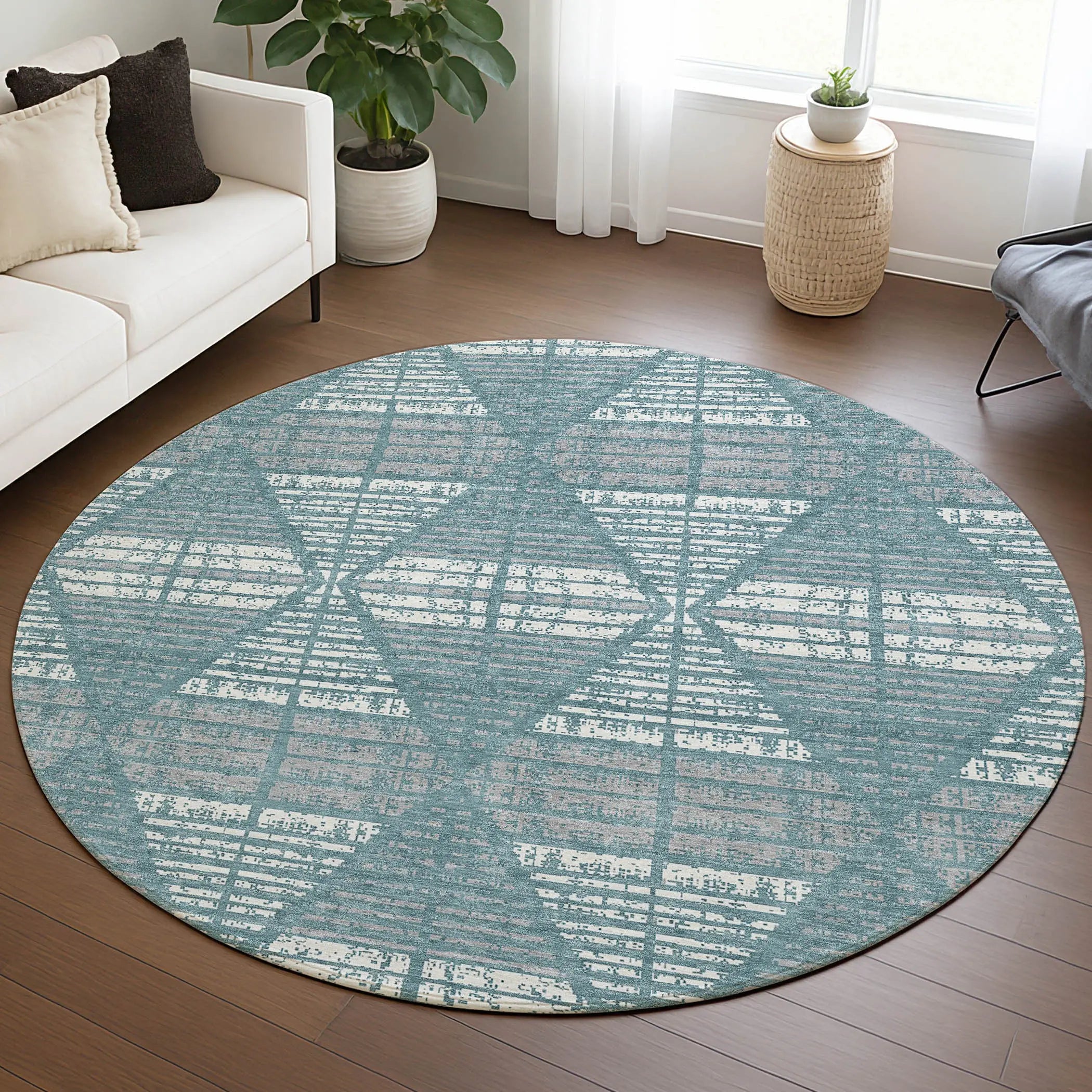 8' Teal Blue And Brown Round Geometric Washable Indoor Outdoor Area Rug Homeroots Outdoor