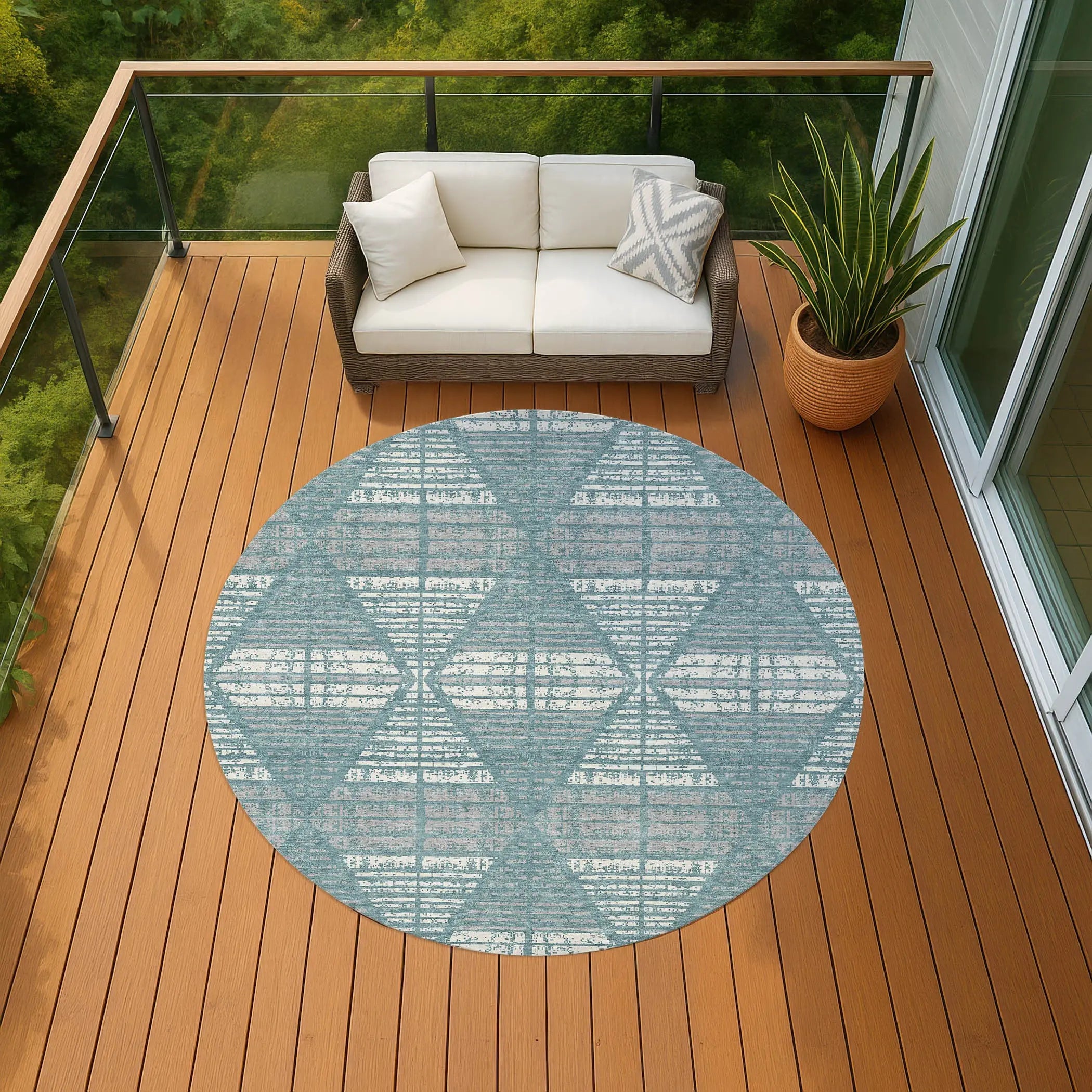 8' Teal Blue And Brown Round Geometric Washable Indoor Outdoor Area Rug Homeroots Outdoor