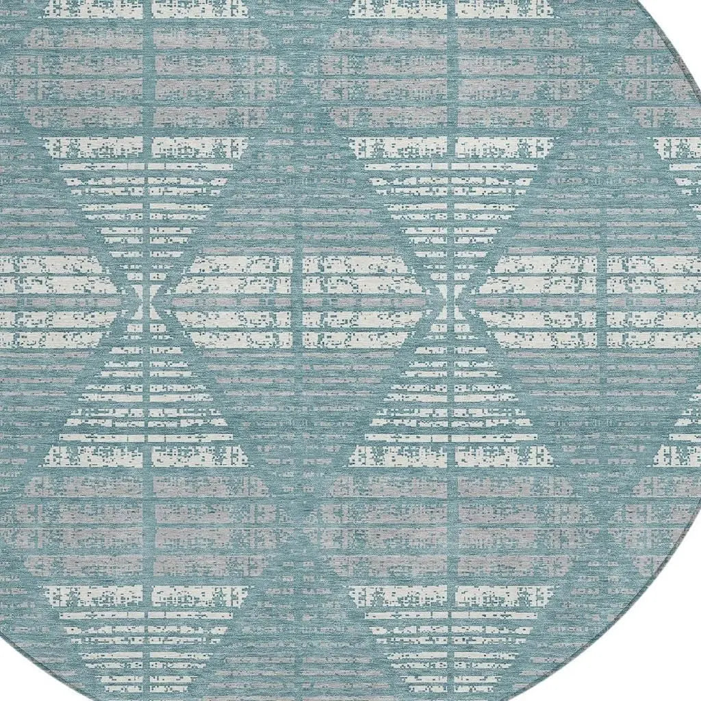 8' Teal Blue And Brown Round Geometric Washable Indoor Outdoor Area Rug Homeroots Outdoor