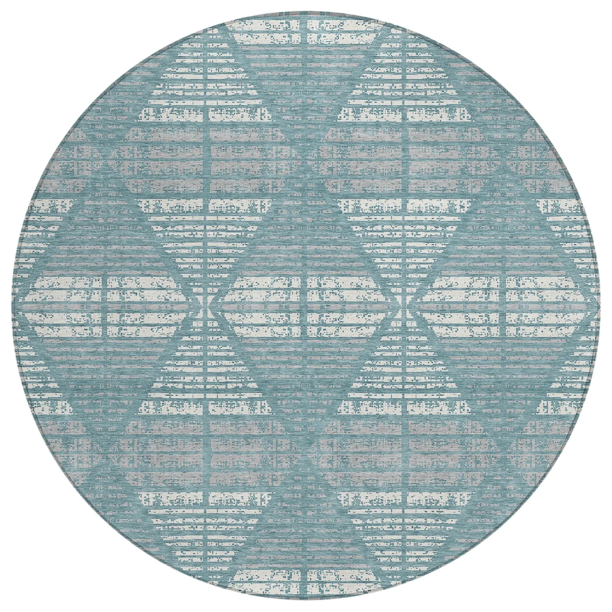 8' Teal Blue And Brown Round Geometric Washable Indoor Outdoor Area Rug Homeroots Outdoor