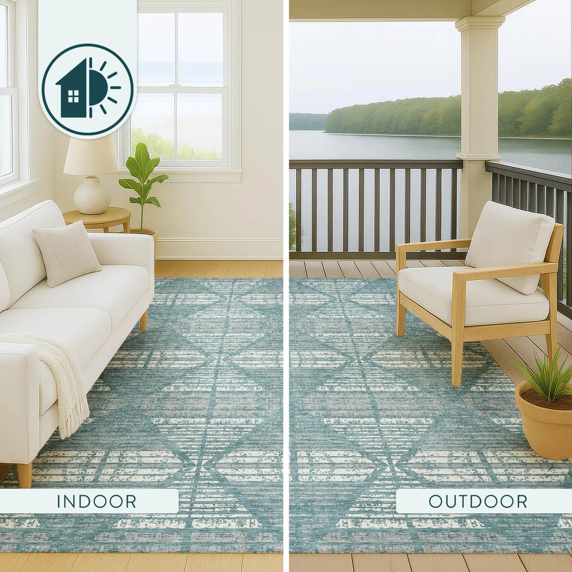 8' Teal Blue And Brown Round Geometric Washable Indoor Outdoor Area Rug Homeroots Outdoor