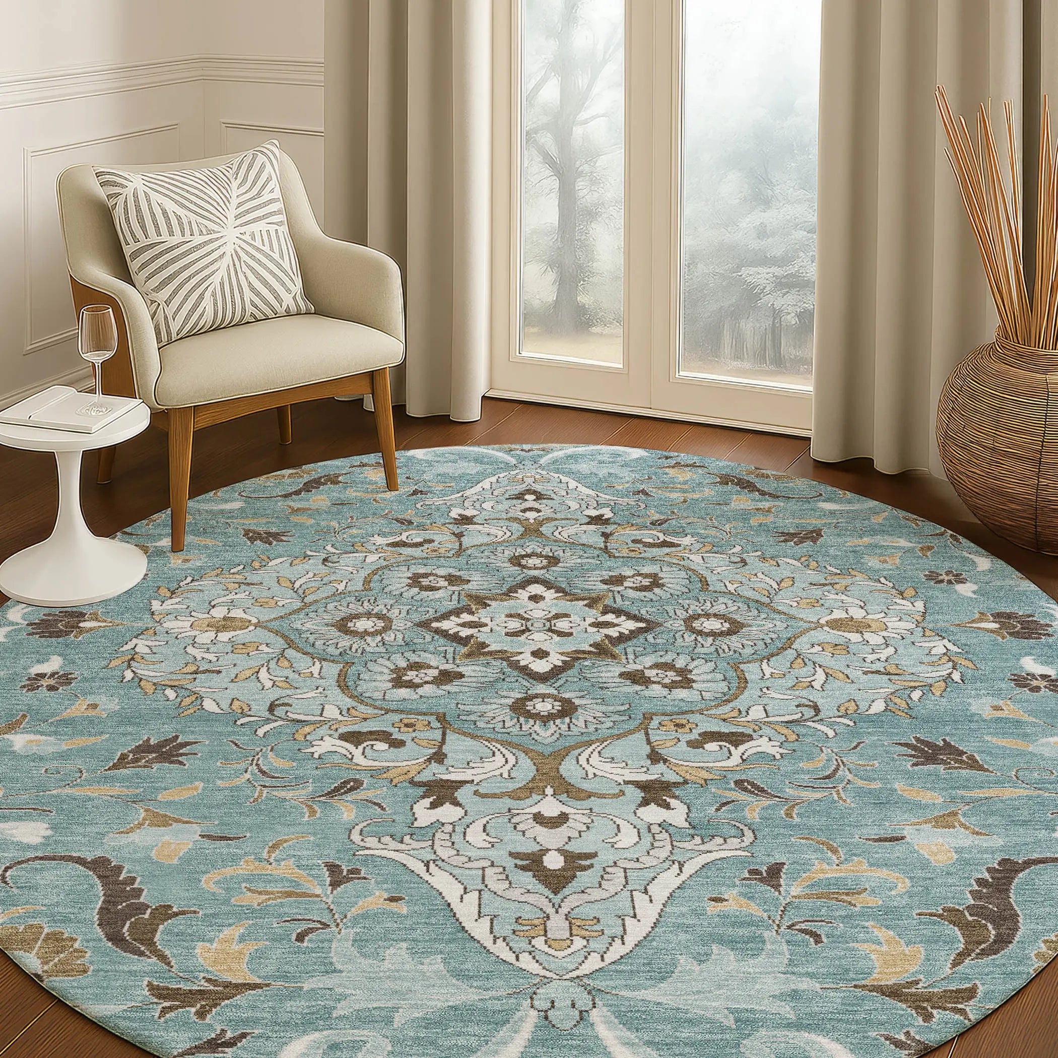 8' Teal Blue And Brown Round Medallion Washable Indoor Outdoor Area Rug Homeroots Outdoor