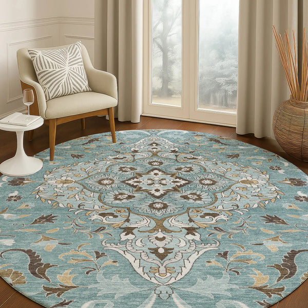 8' Teal Blue And Brown Round Medallion Washable Indoor Outdoor Area Rug Homeroots Outdoor