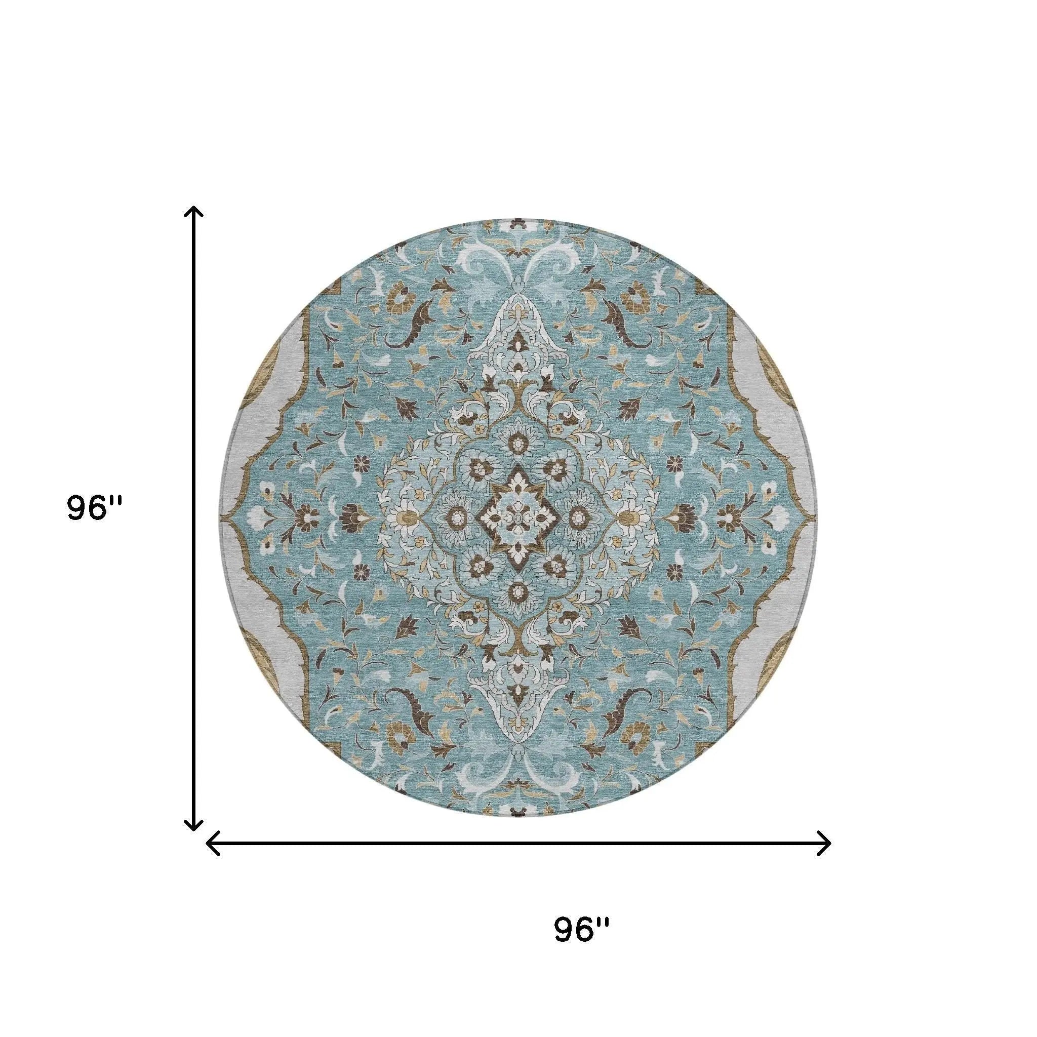 8' Teal Blue And Brown Round Medallion Washable Indoor Outdoor Area Rug Homeroots Outdoor