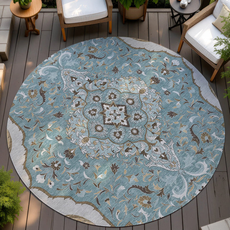 8' Teal Blue And Brown Round Medallion Washable Indoor Outdoor Area Rug Homeroots Outdoor