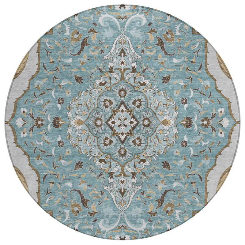 8' Teal Blue And Brown Round Medallion Washable Indoor Outdoor Area Rug Homeroots Outdoor