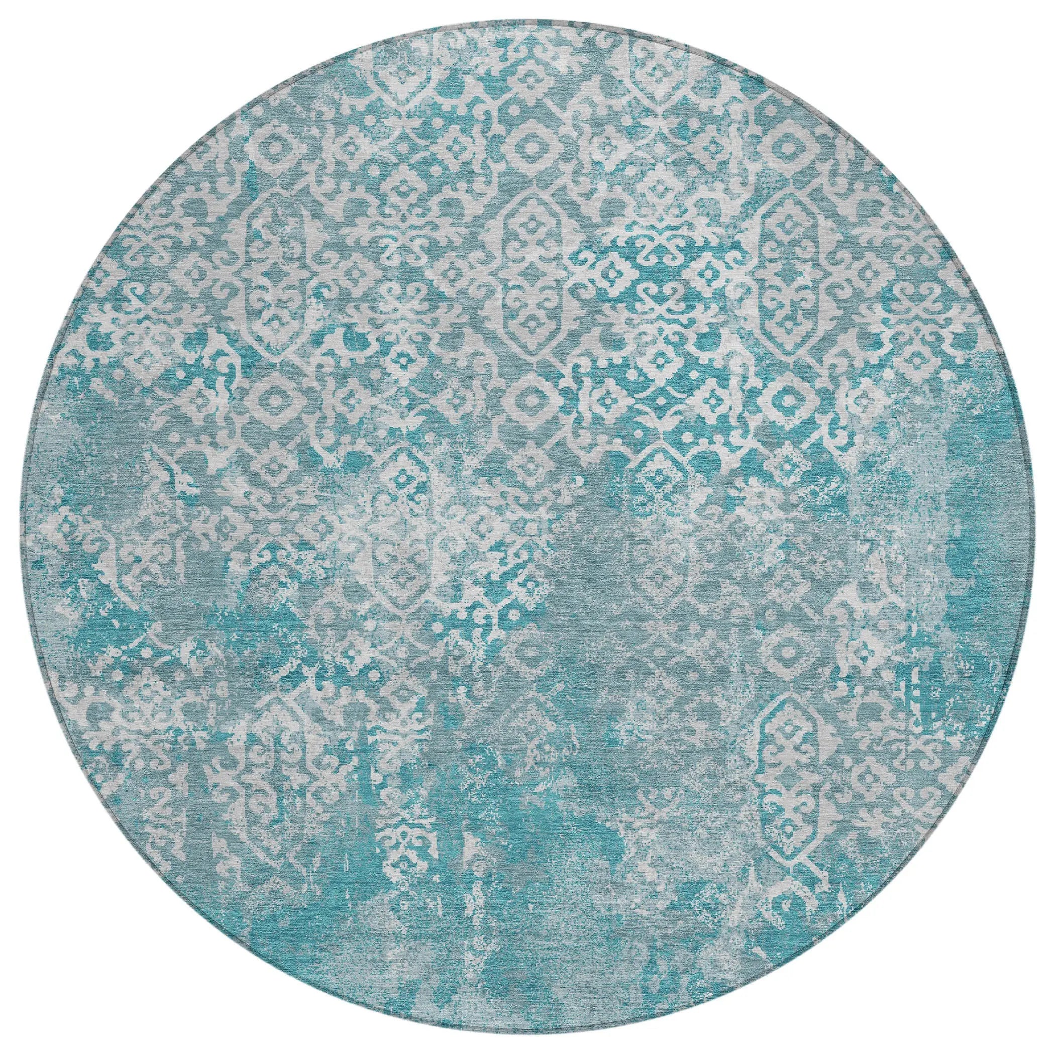 8' Teal Blue And Brown Round Oriental Washable Indoor Outdoor Area Rug Homeroots Outdoor