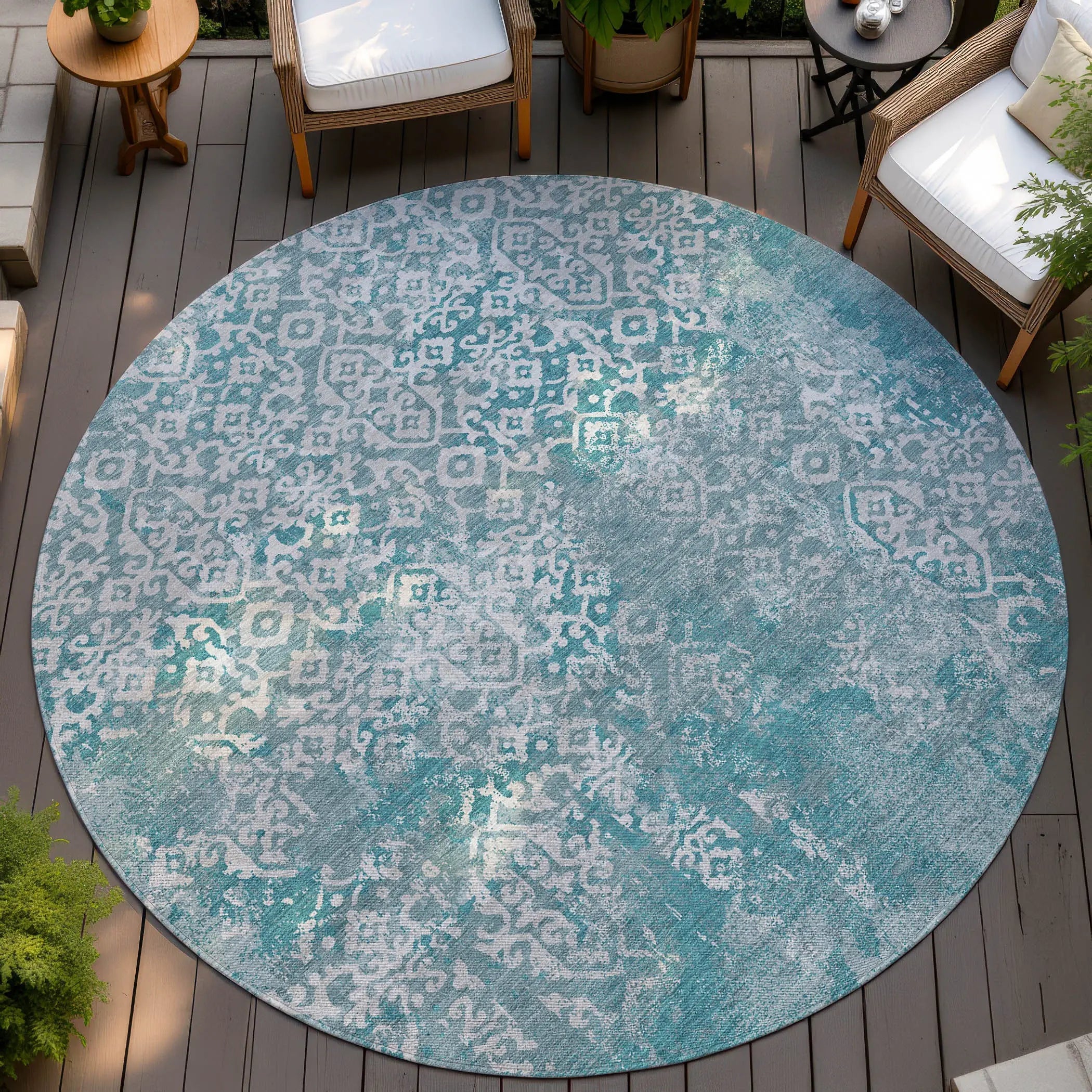 8' Teal Blue And Brown Round Oriental Washable Indoor Outdoor Area Rug Homeroots Outdoor