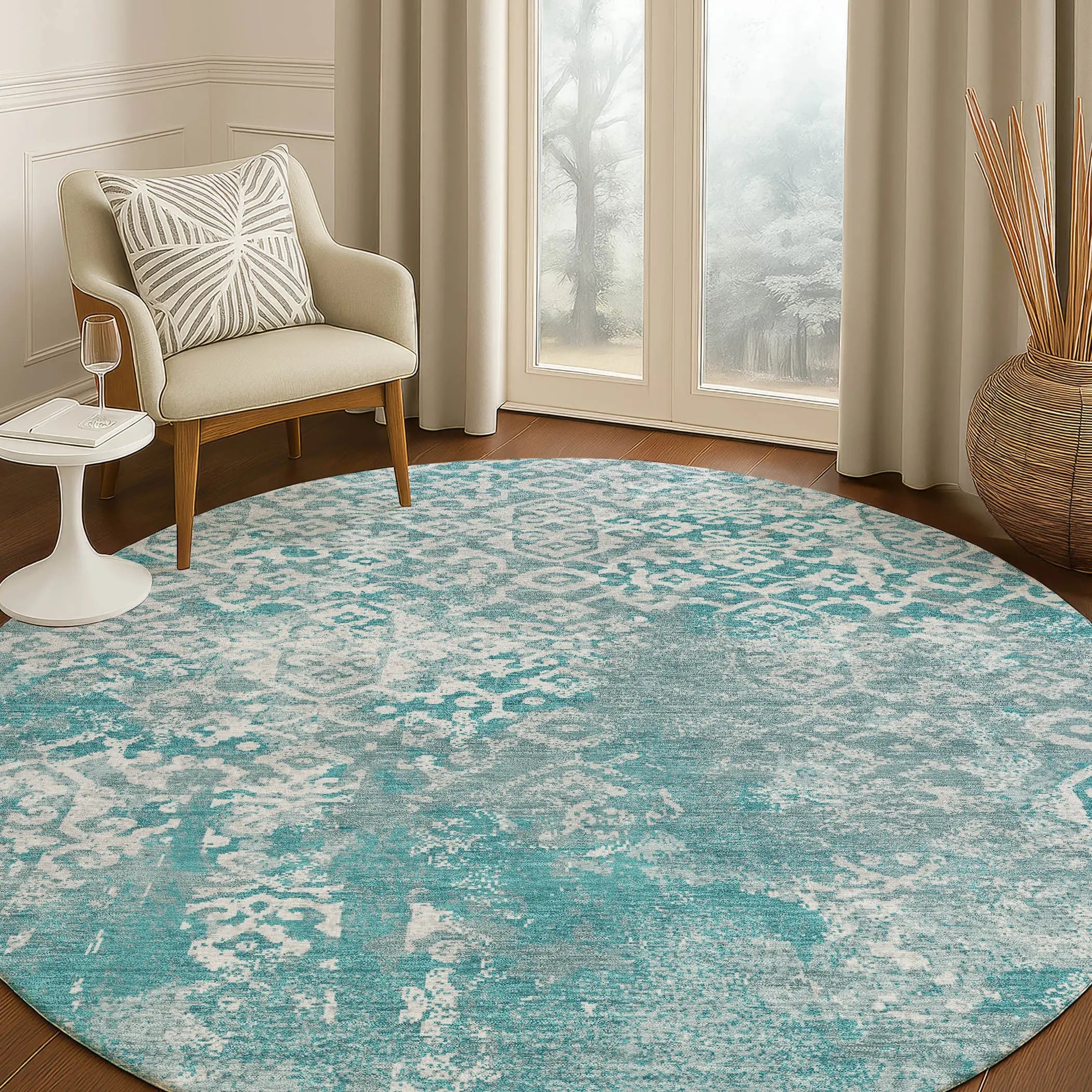8' Teal Blue And Brown Round Oriental Washable Indoor Outdoor Area Rug Homeroots Outdoor
