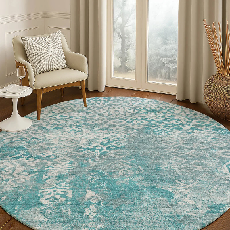 8' Teal Blue And Brown Round Oriental Washable Indoor Outdoor Area Rug Homeroots Outdoor