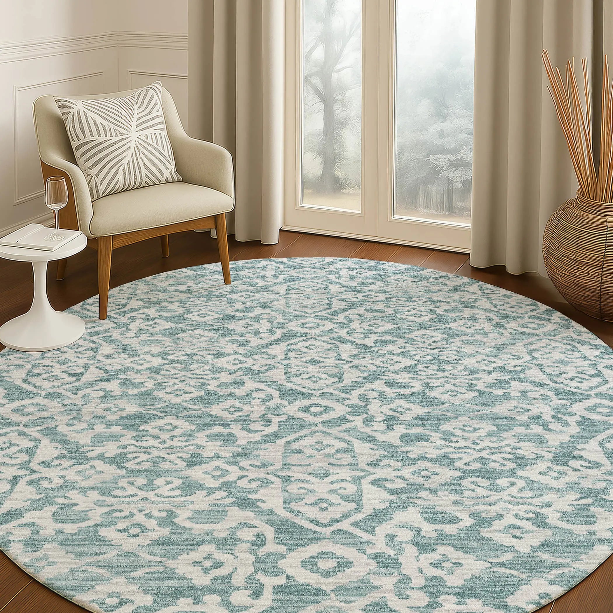 8' Teal Blue And Brown Round Oriental Washable Indoor Outdoor Area Rug Homeroots Outdoor