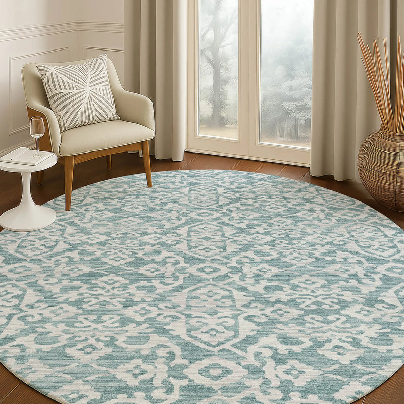 8' Teal Blue And Brown Round Oriental Washable Indoor Outdoor Area Rug Homeroots Outdoor