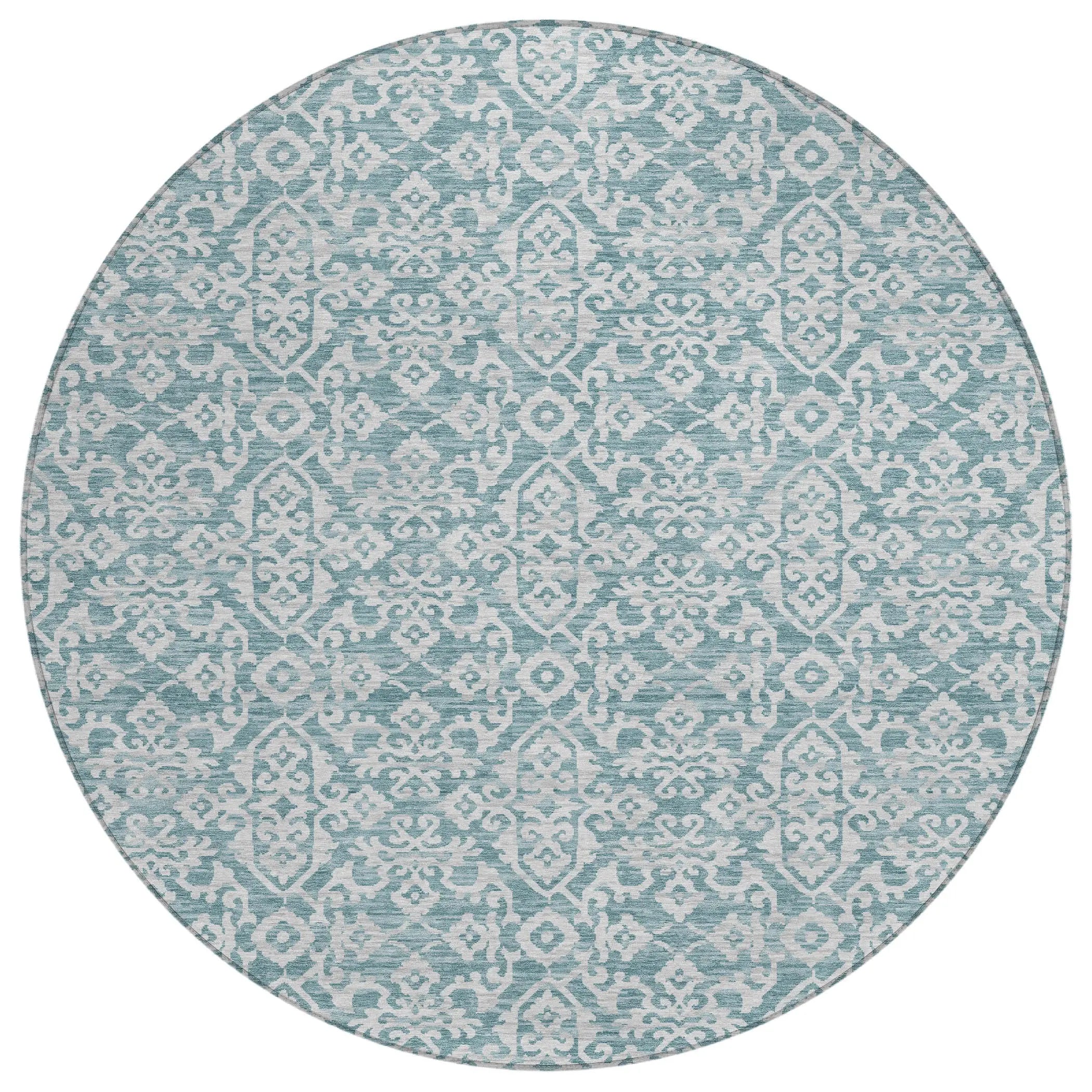 8' Teal Blue And Brown Round Oriental Washable Indoor Outdoor Area Rug Homeroots Outdoor