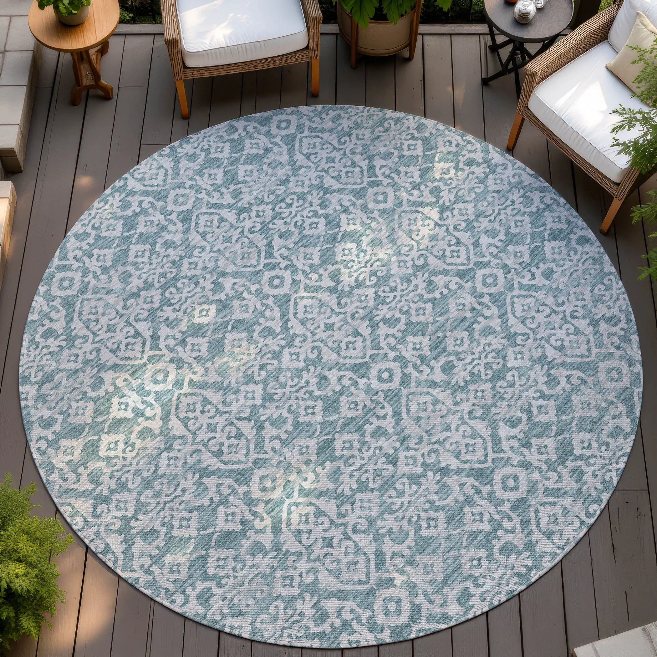 8' Teal Blue And Brown Round Oriental Washable Indoor Outdoor Area Rug Homeroots Outdoor