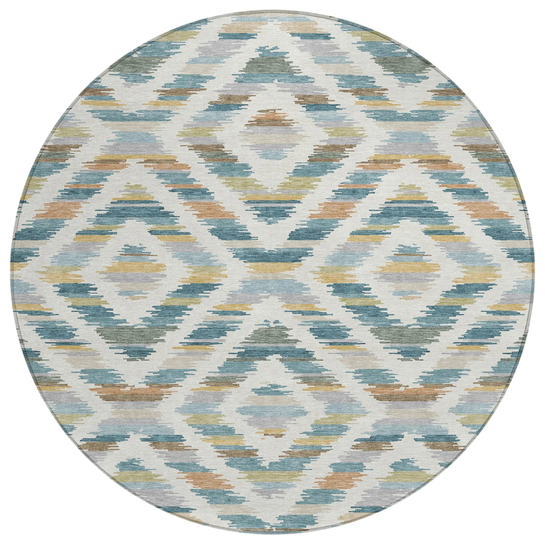 8' Teal Blue And Copper Round Tribal Washable Indoor Outdoor Area Rug Homeroots Outdoor