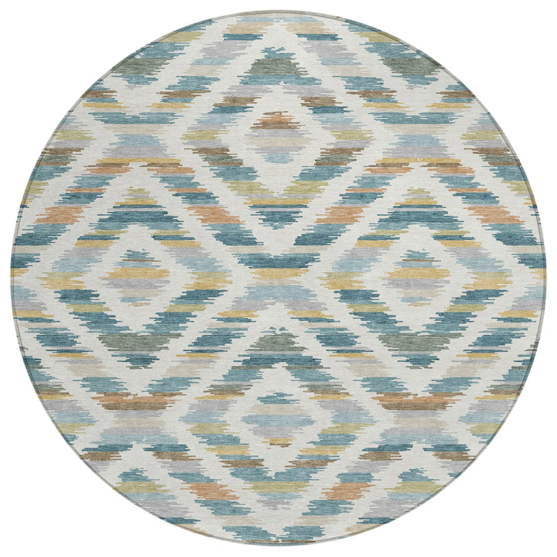 8' Teal Blue And Copper Round Tribal Washable Indoor Outdoor Area Rug Homeroots Outdoor