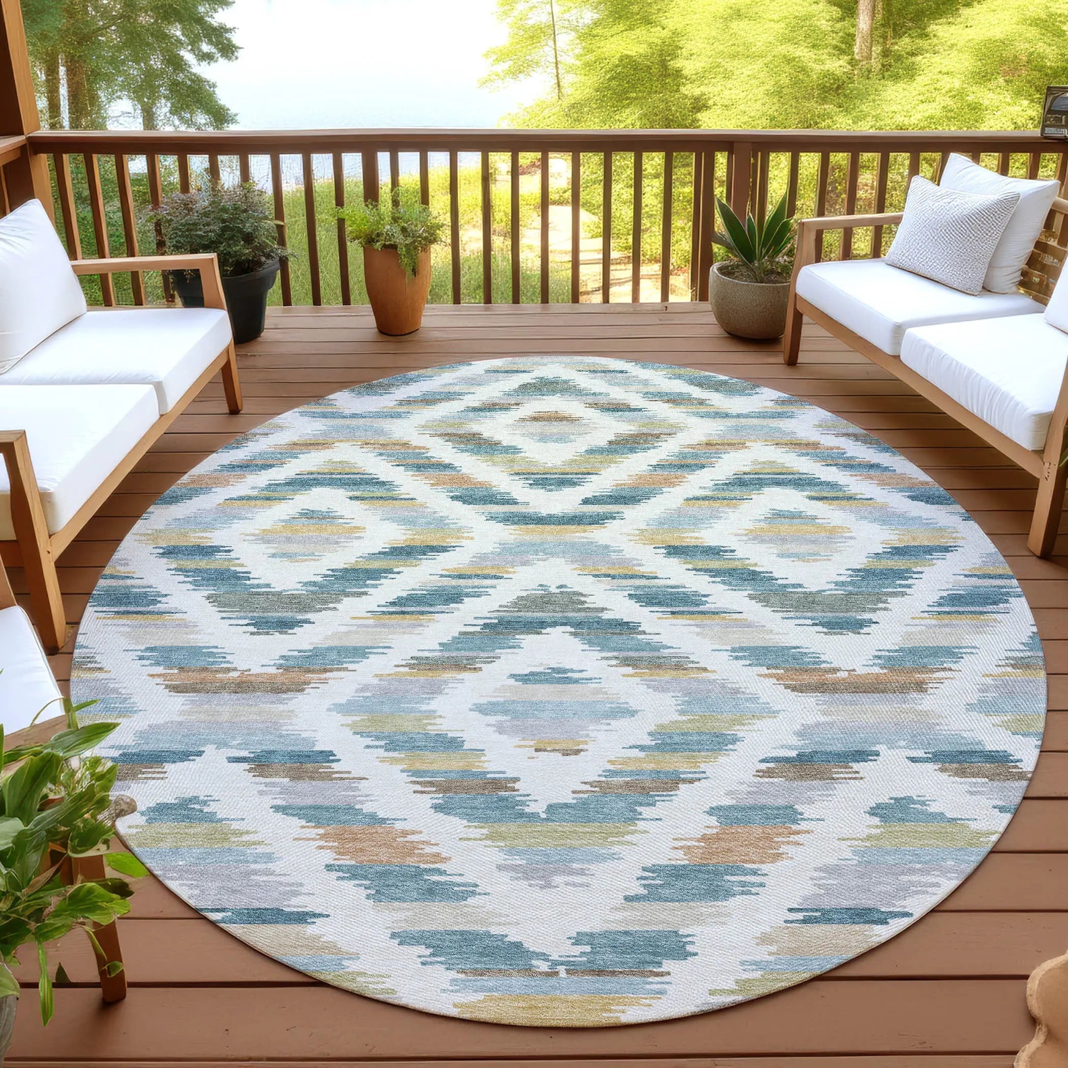 8' Teal Blue And Copper Round Tribal Washable Indoor Outdoor Area Rug Homeroots Outdoor