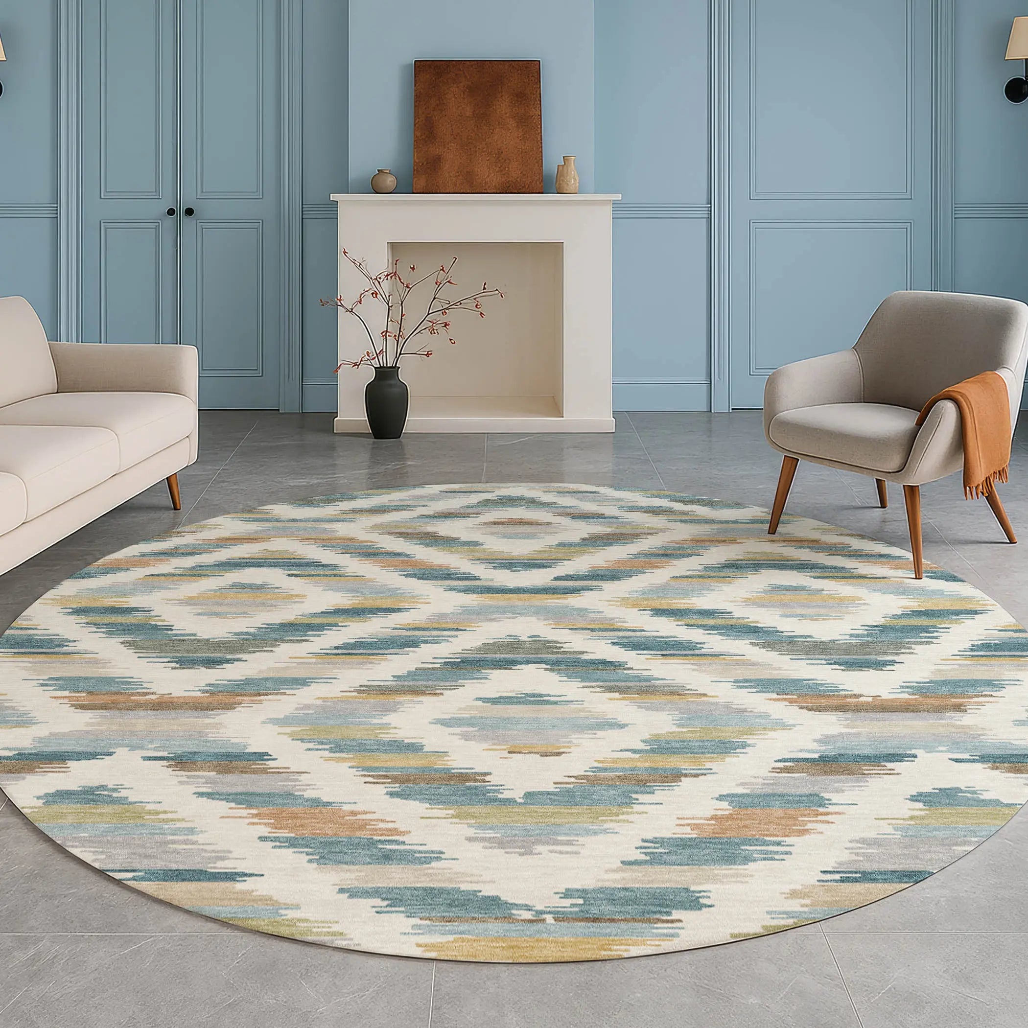 8' Teal Blue And Copper Round Tribal Washable Indoor Outdoor Area Rug Homeroots Outdoor