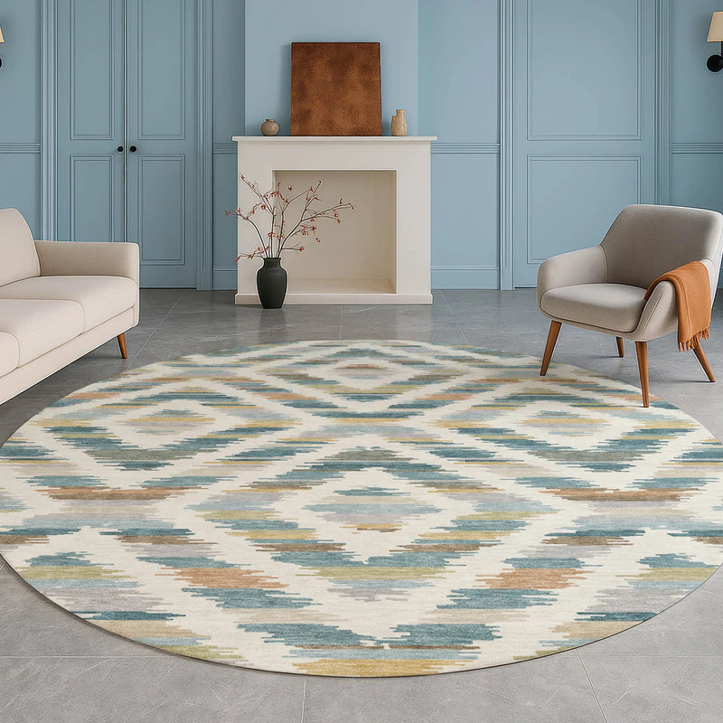 8' Teal Blue And Copper Round Tribal Washable Indoor Outdoor Area Rug Homeroots Outdoor