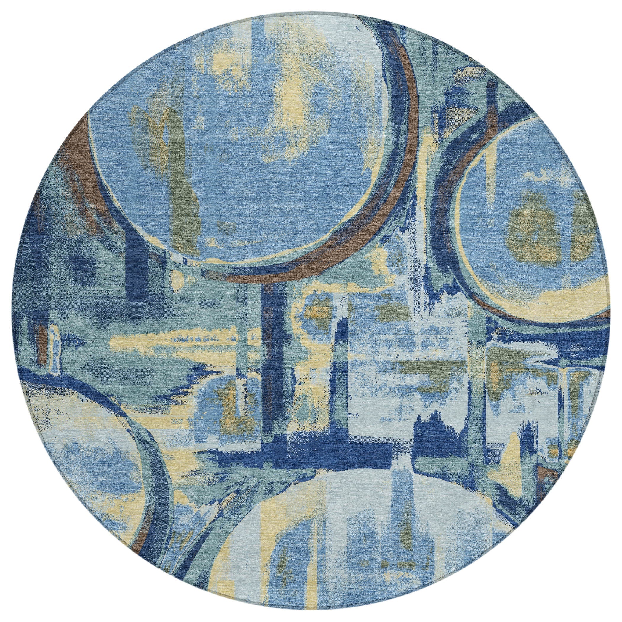 8' Teal Blue And Denim Blue Round Abstract Washable Indoor Outdoor Area Rug Homeroots Outdoor
