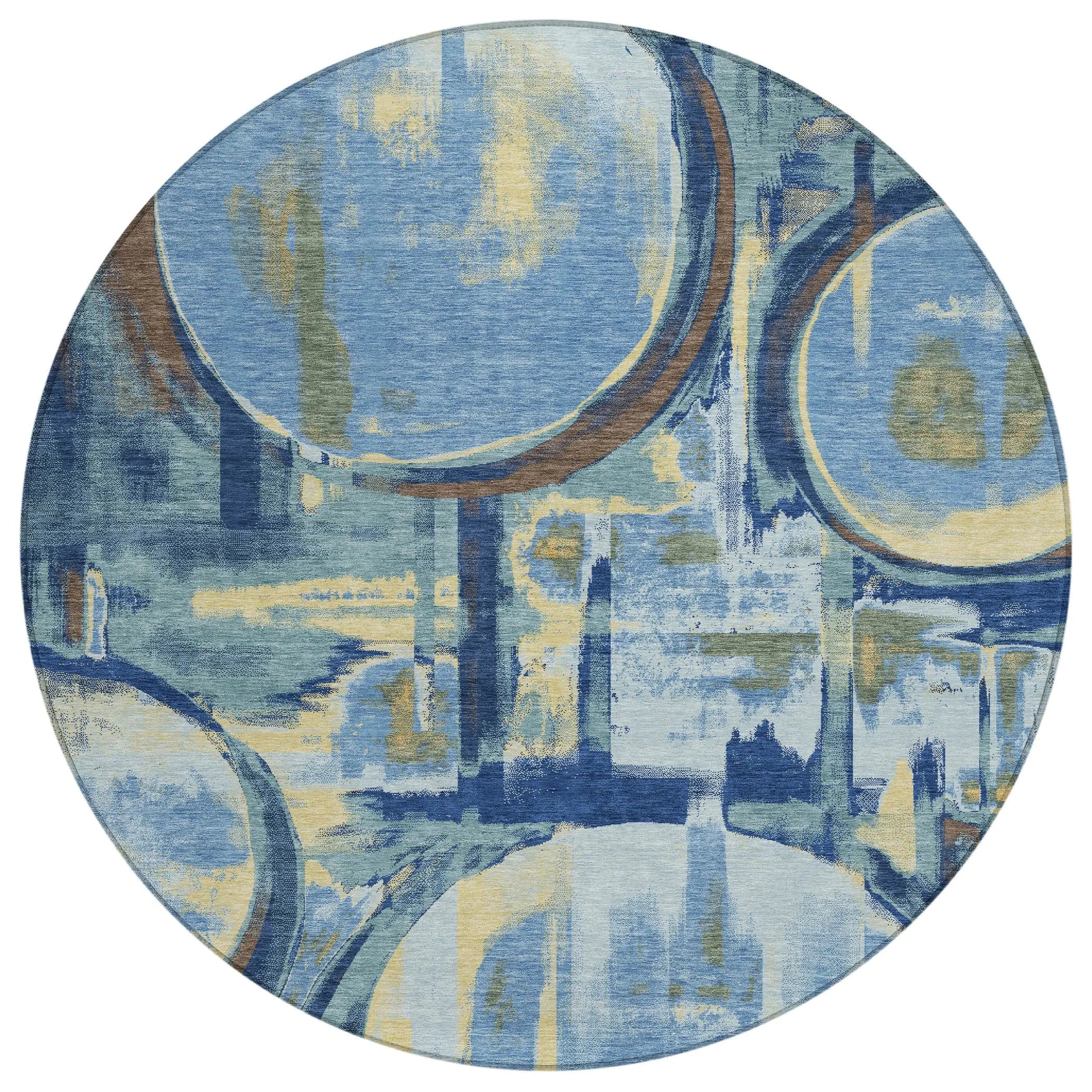 8' Teal Blue And Denim Blue Round Abstract Washable Indoor Outdoor Area Rug Homeroots Outdoor