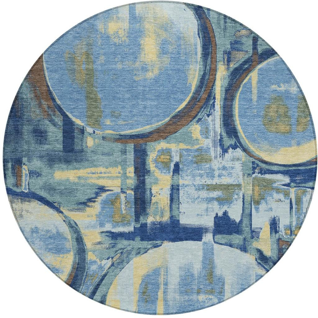 8' Teal Blue And Denim Blue Round Abstract Washable Indoor Outdoor Area Rug Homeroots Outdoor