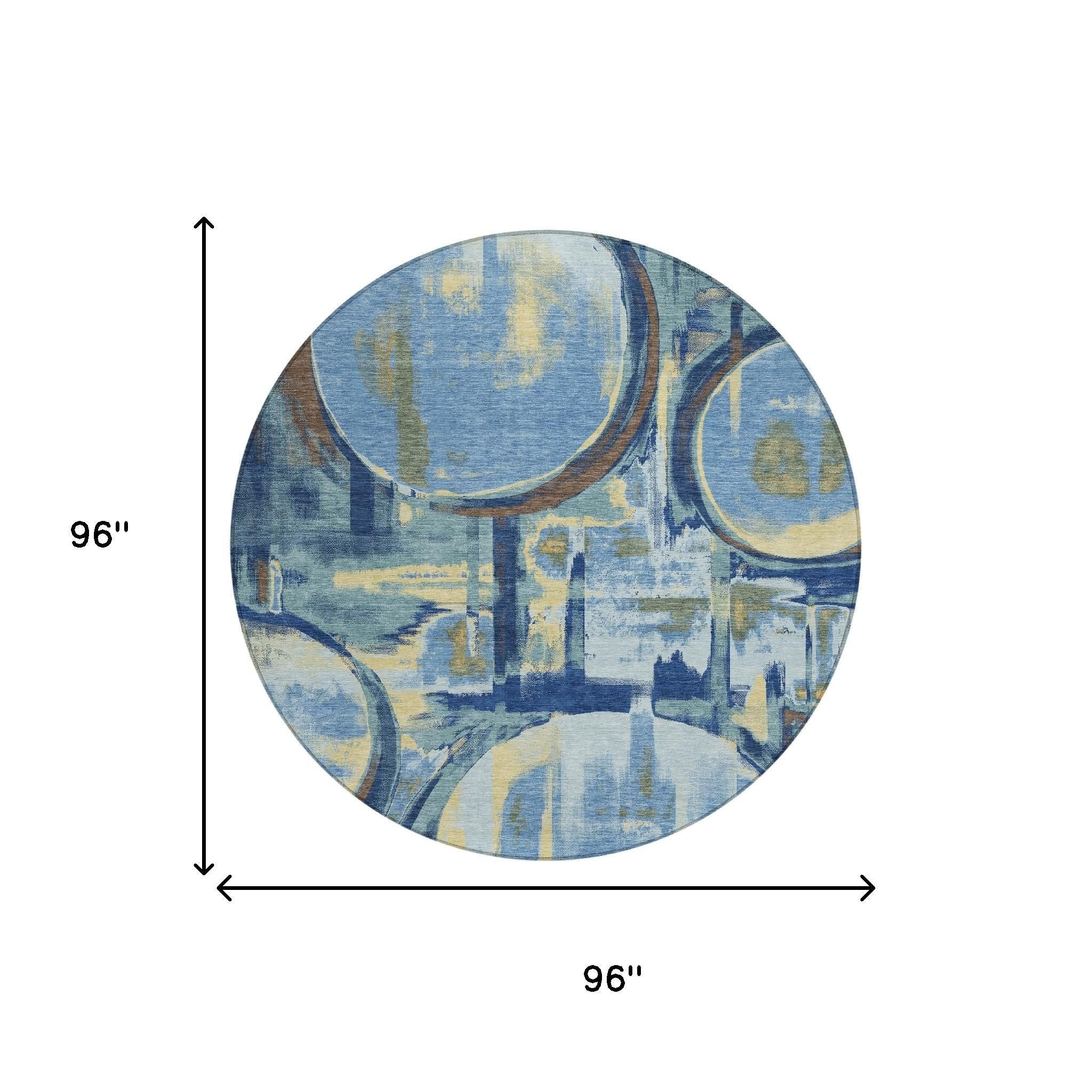 8' Teal Blue And Denim Blue Round Abstract Washable Indoor Outdoor Area Rug Homeroots Outdoor
