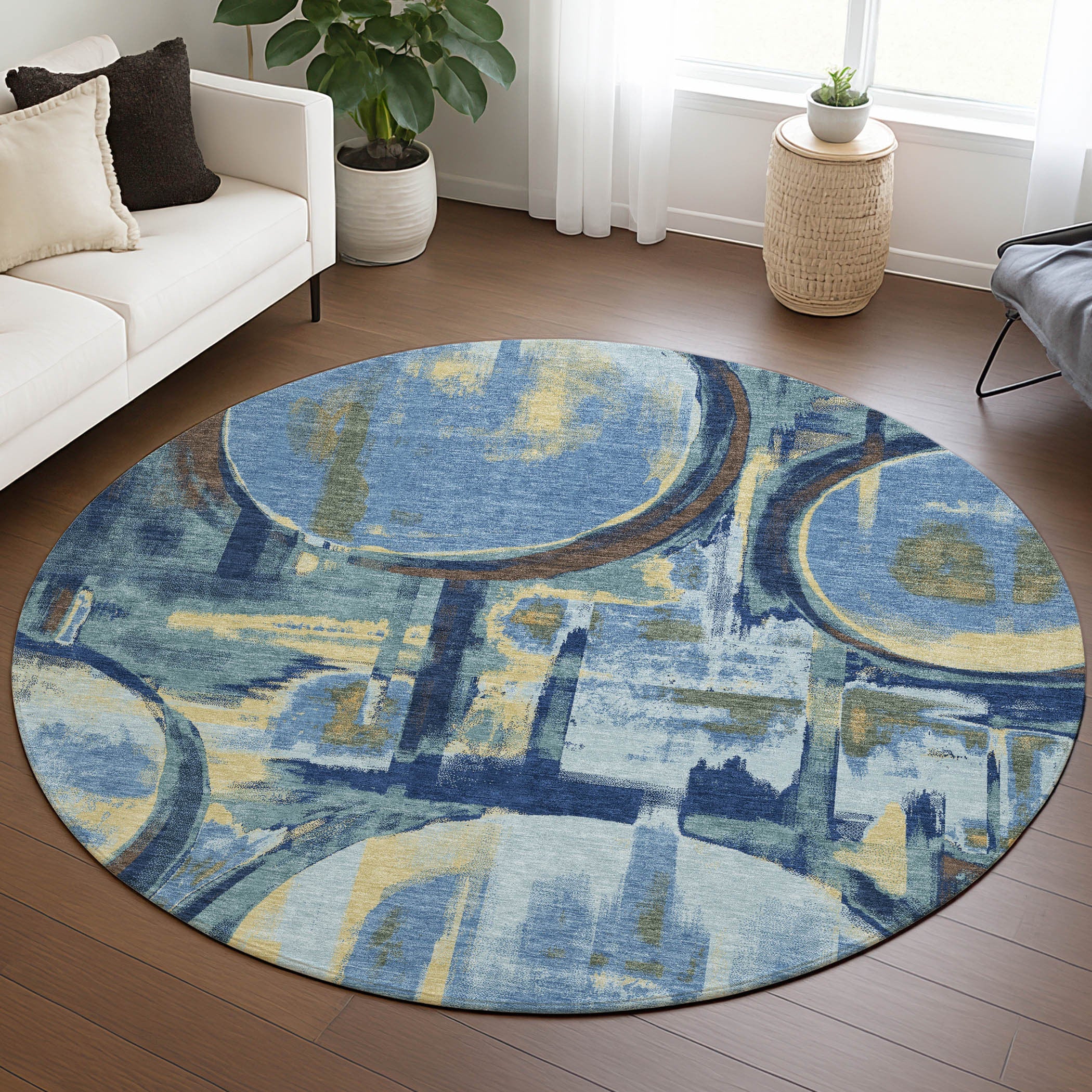 8' Teal Blue And Denim Blue Round Abstract Washable Indoor Outdoor Area Rug Homeroots Outdoor