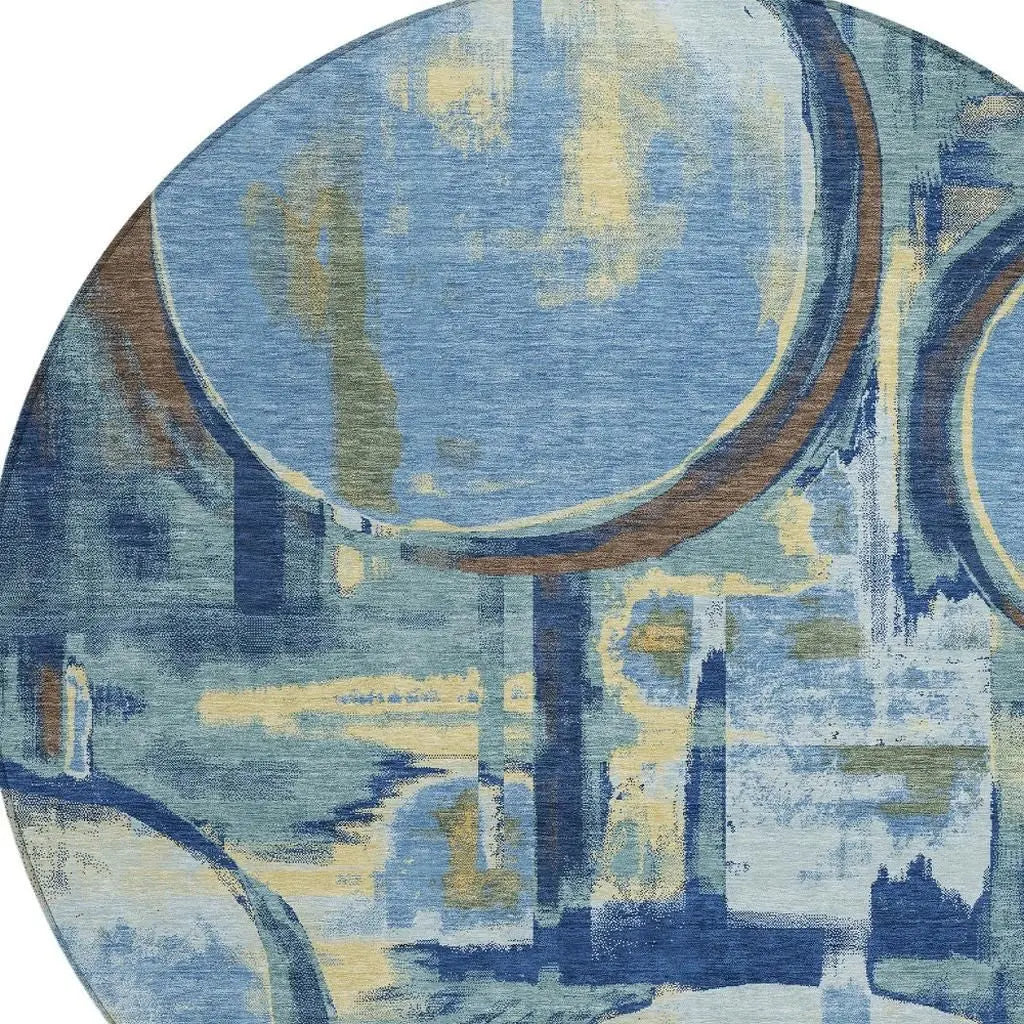 8' Teal Blue And Denim Blue Round Abstract Washable Indoor Outdoor Area Rug Homeroots Outdoor