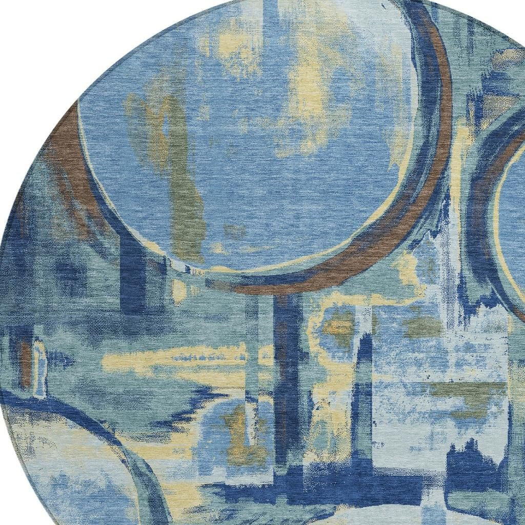 8' Teal Blue And Denim Blue Round Abstract Washable Indoor Outdoor Area Rug Homeroots Outdoor