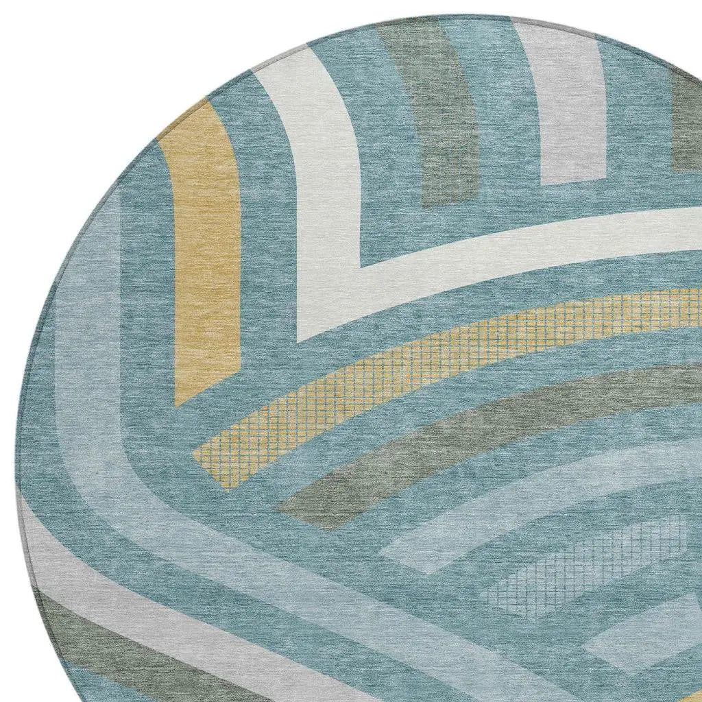 8' Teal Blue And Gold Round Abstract Washable Indoor Outdoor Area Rug Homeroots Outdoor