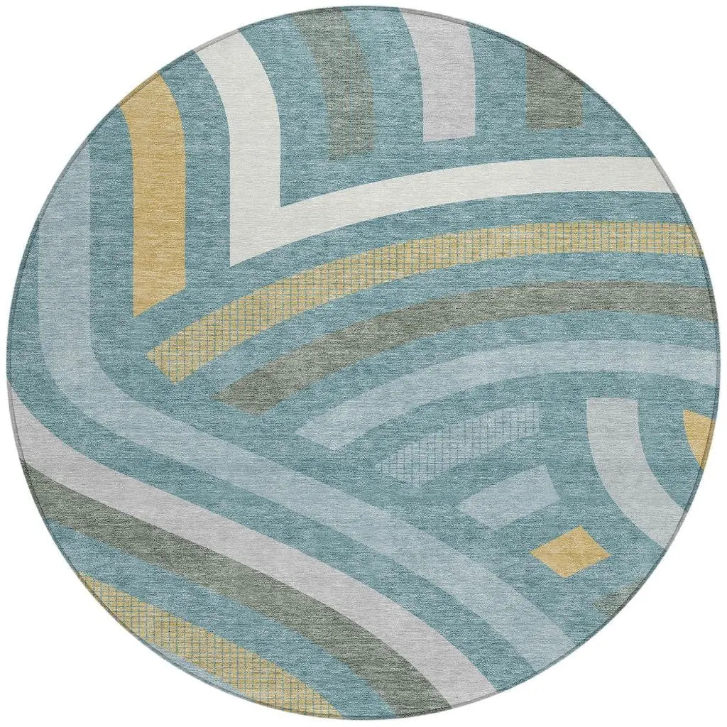 8' Teal Blue And Gold Round Abstract Washable Indoor Outdoor Area Rug Homeroots Outdoor