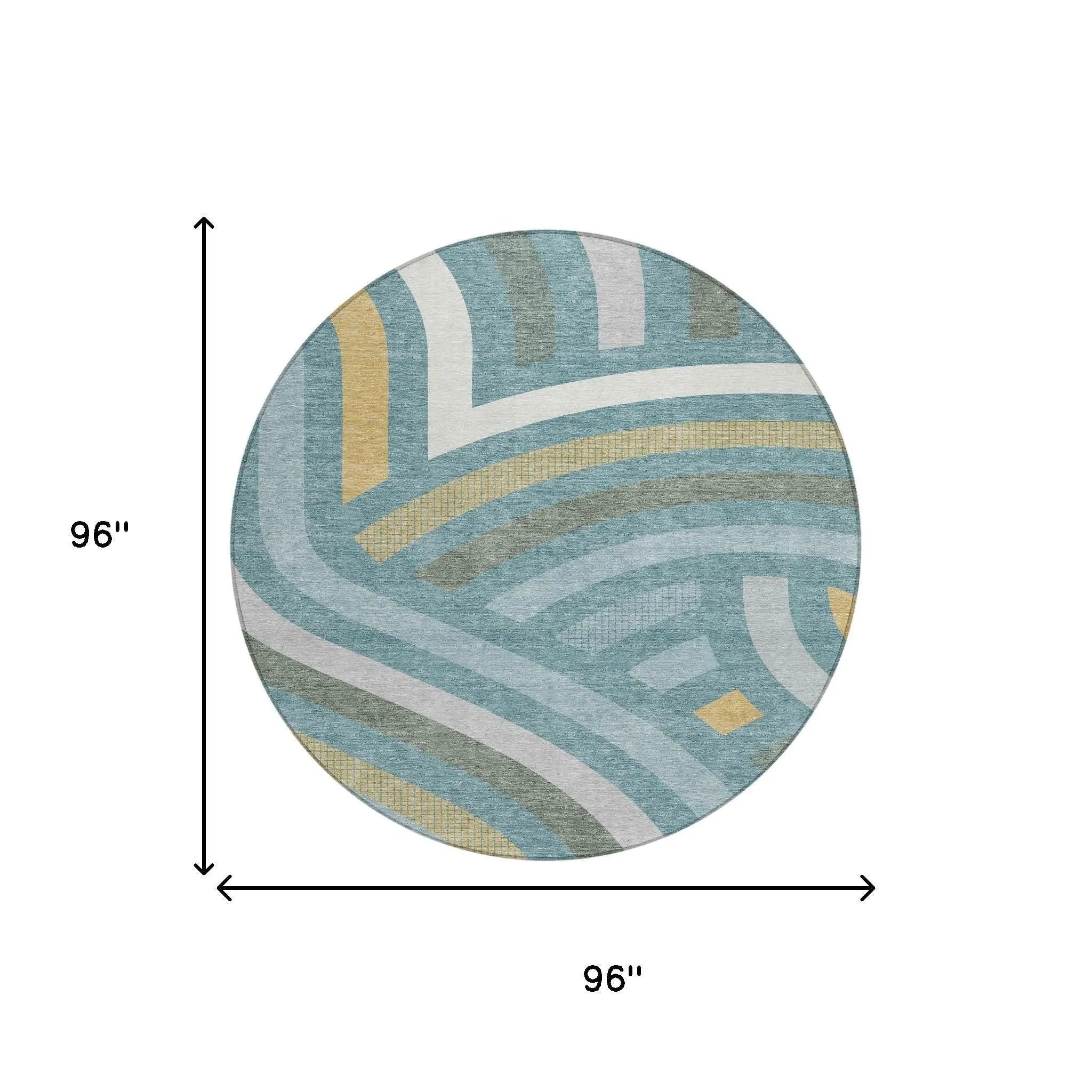 8' Teal Blue And Gold Round Abstract Washable Indoor Outdoor Area Rug Homeroots Outdoor