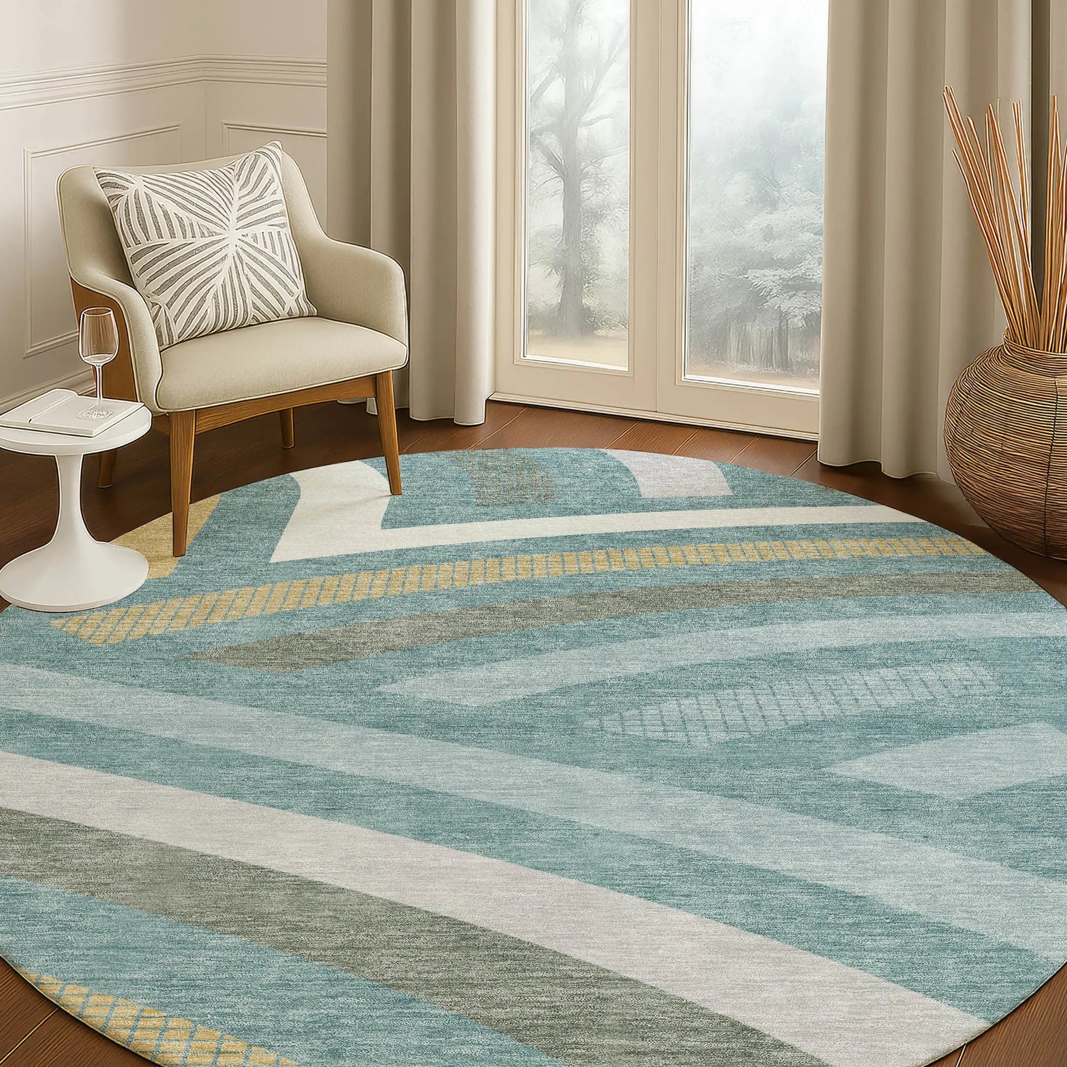 8' Teal Blue And Gold Round Abstract Washable Indoor Outdoor Area Rug Homeroots Outdoor