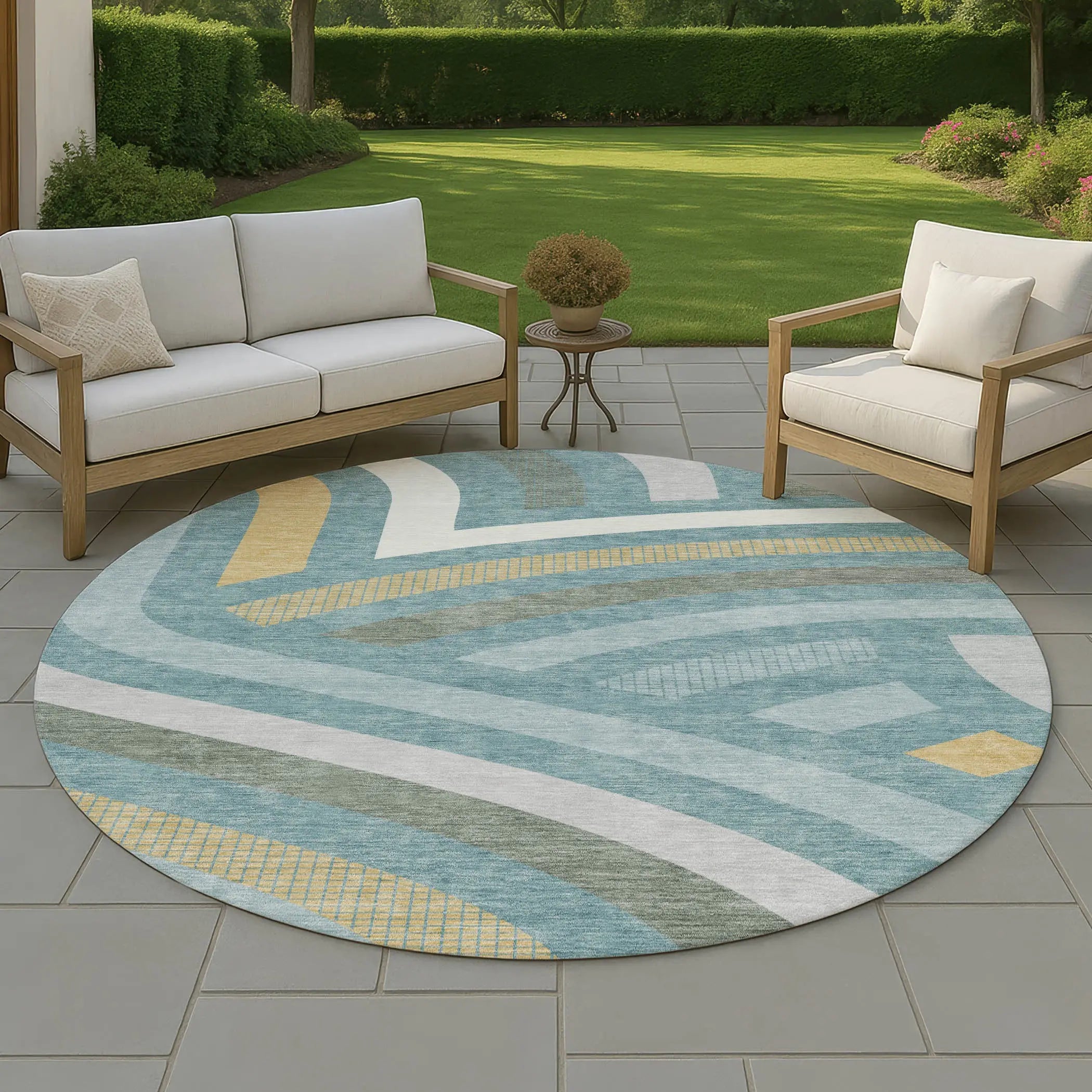 8' Teal Blue And Gold Round Abstract Washable Indoor Outdoor Area Rug Homeroots Outdoor