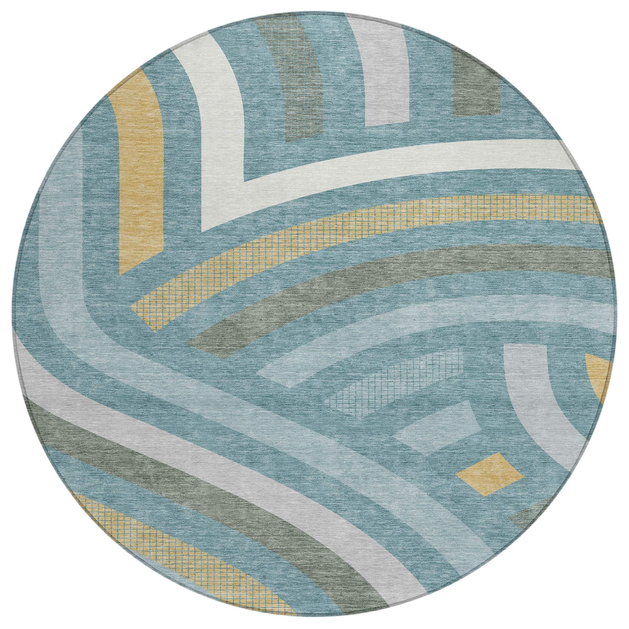 8' Teal Blue And Gold Round Abstract Washable Indoor Outdoor Area Rug Homeroots Outdoor