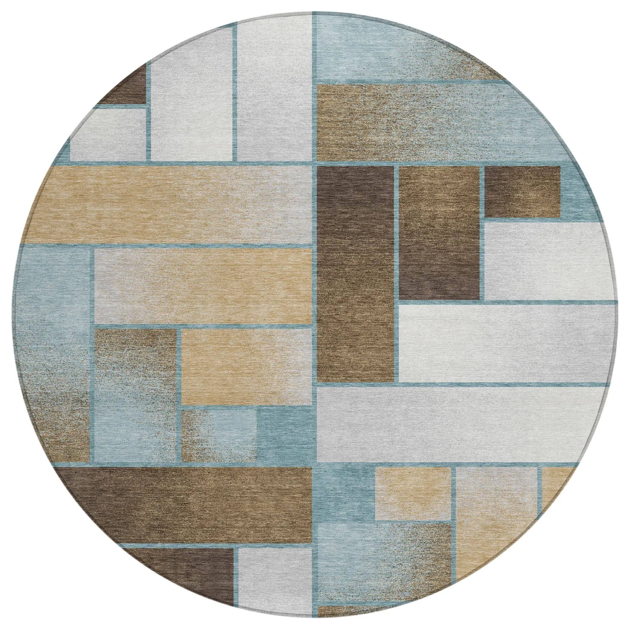 8' Teal Blue And Gold Round Geometric Washable Indoor Outdoor Area Rug Homeroots Outdoor