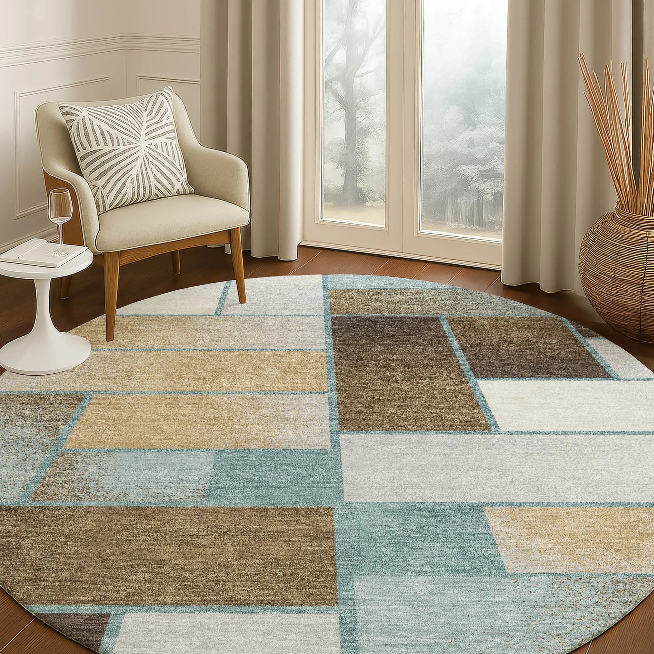 8' Teal Blue And Gold Round Geometric Washable Indoor Outdoor Area Rug Homeroots Outdoor