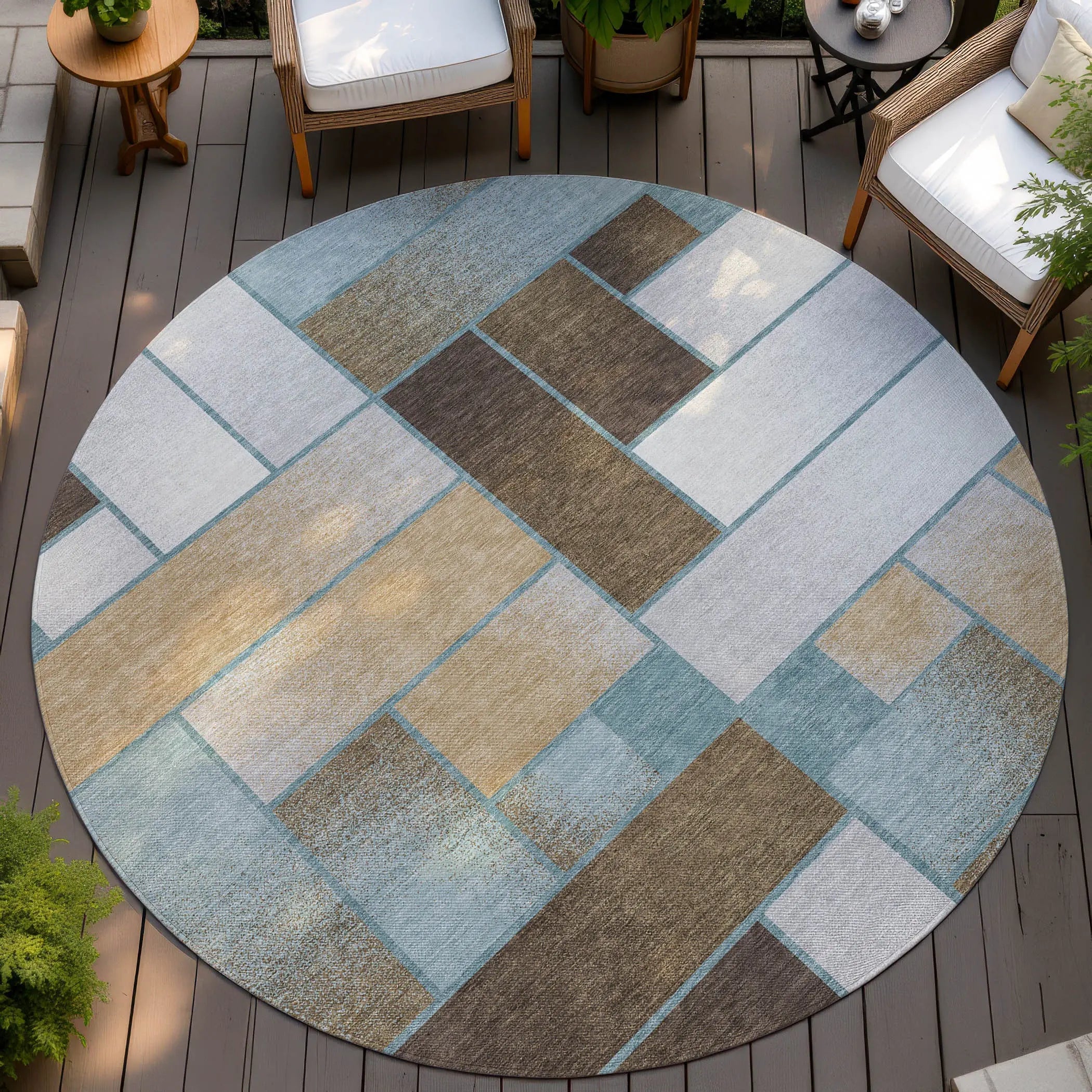 8' Teal Blue And Gold Round Geometric Washable Indoor Outdoor Area Rug Homeroots Outdoor