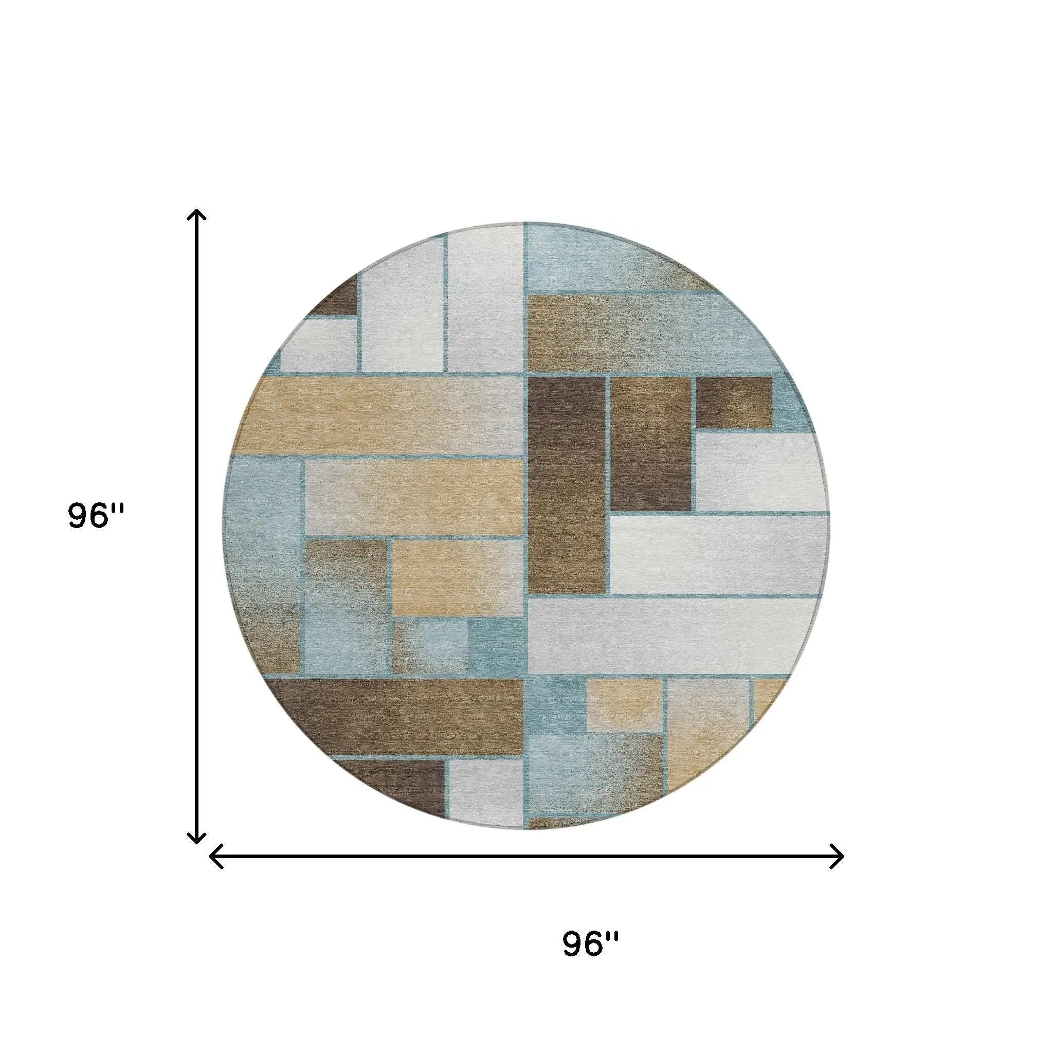 8' Teal Blue And Gold Round Geometric Washable Indoor Outdoor Area Rug Homeroots Outdoor