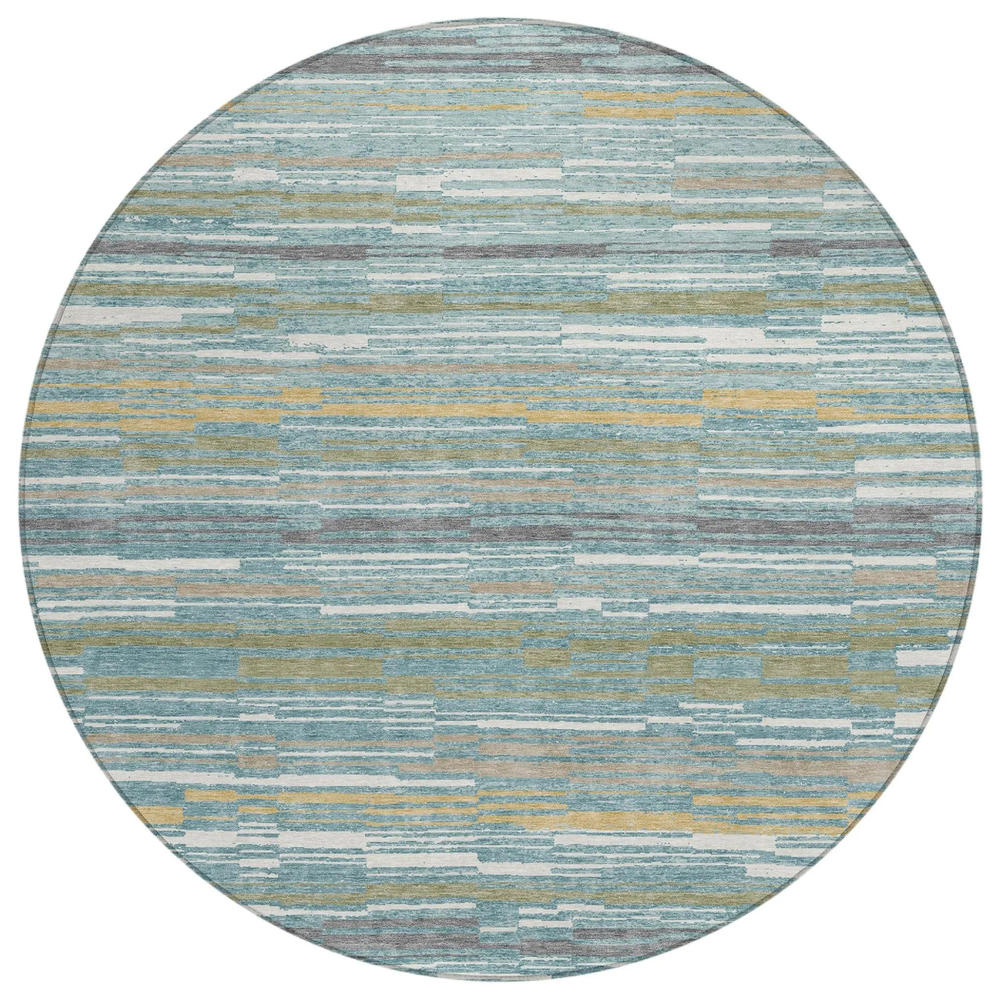 8' Teal Blue And Gold Round Striped Washable Indoor Outdoor Area Rug Homeroots Outdoor