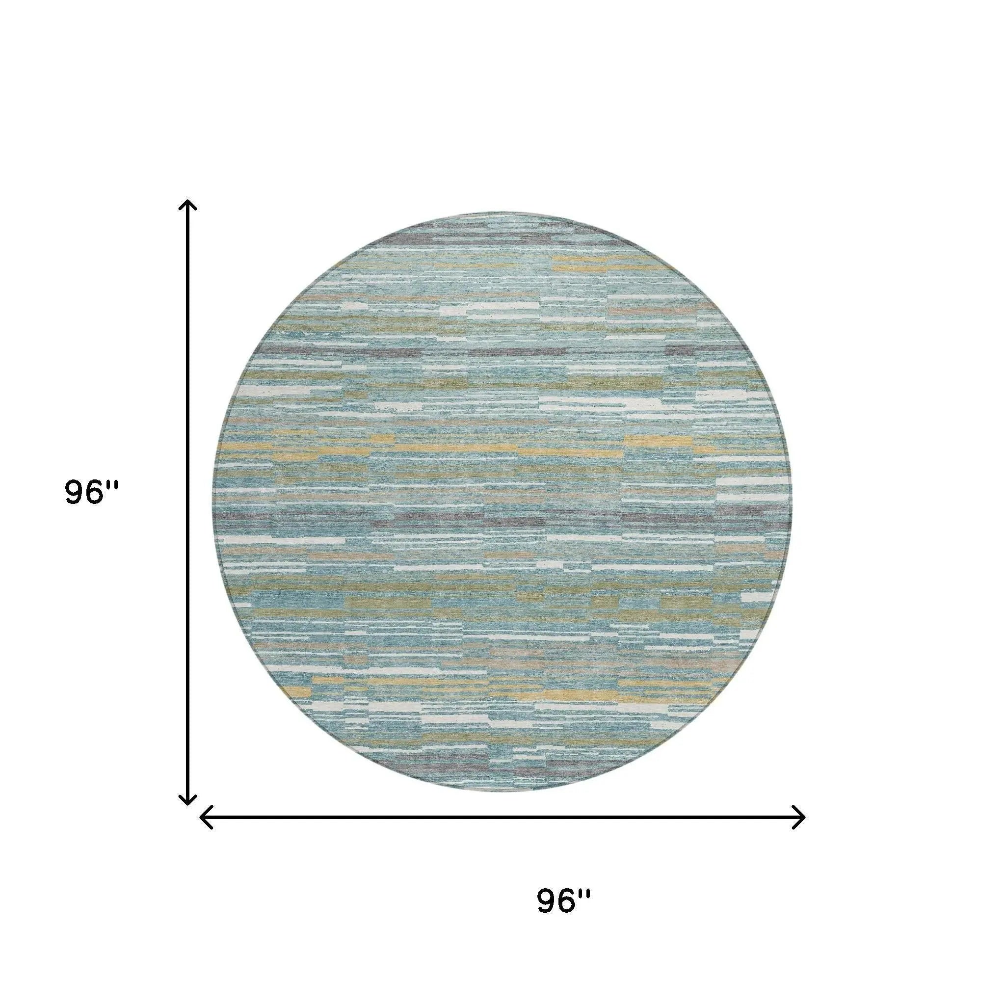 8' Teal Blue And Gold Round Striped Washable Indoor Outdoor Area Rug Homeroots Outdoor