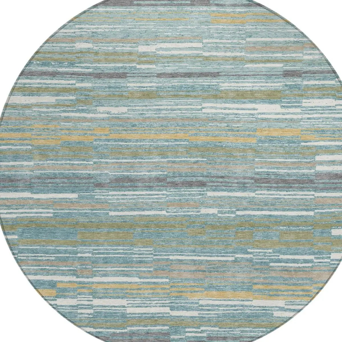 8' Teal Blue And Gold Round Striped Washable Indoor Outdoor Area Rug Homeroots Outdoor