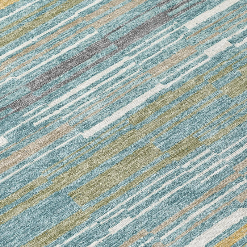 8' Teal Blue And Gold Round Striped Washable Indoor Outdoor Area Rug Homeroots Outdoor