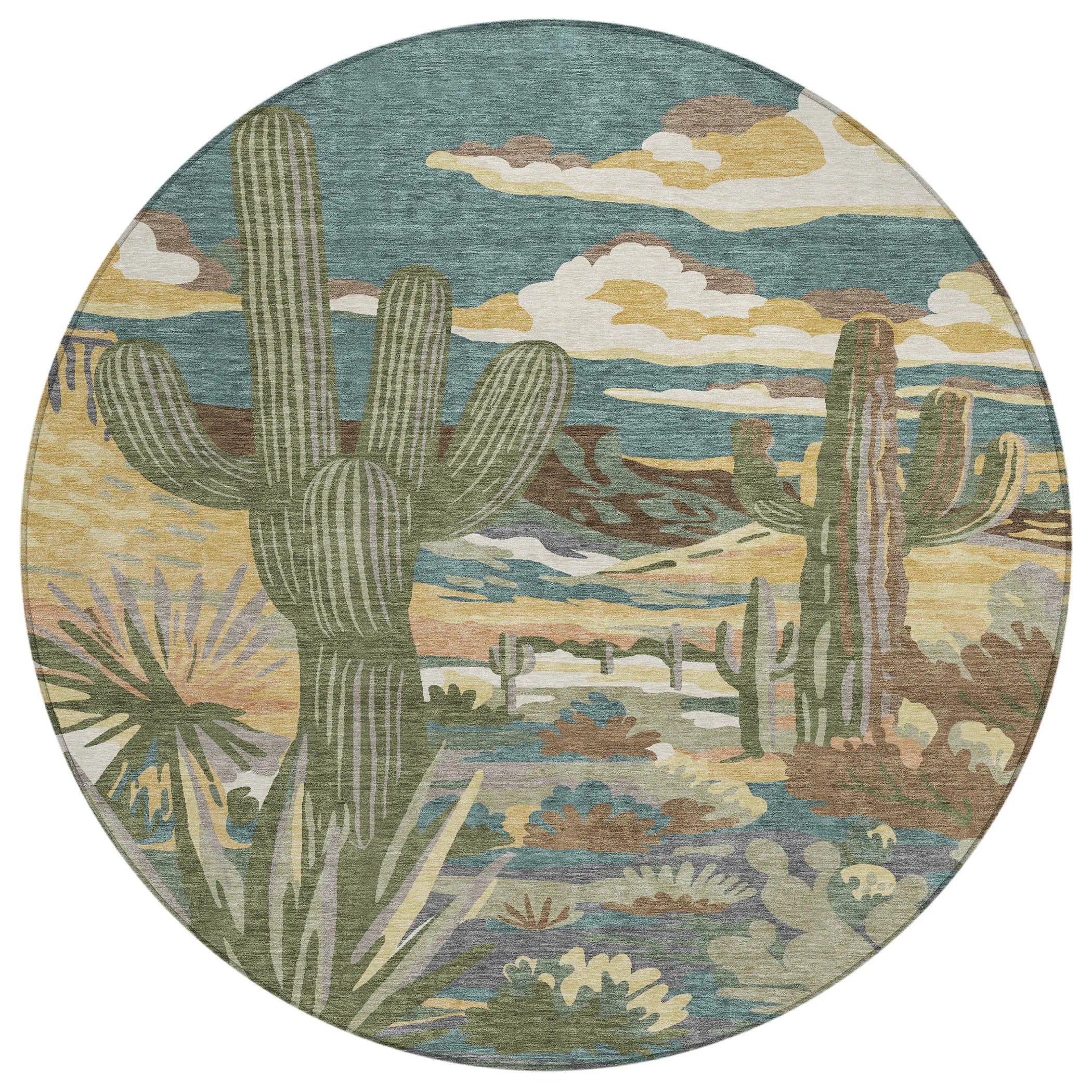 8' Teal Blue And Gold Round Trees Washable Indoor Outdoor Area Rug Homeroots Outdoor