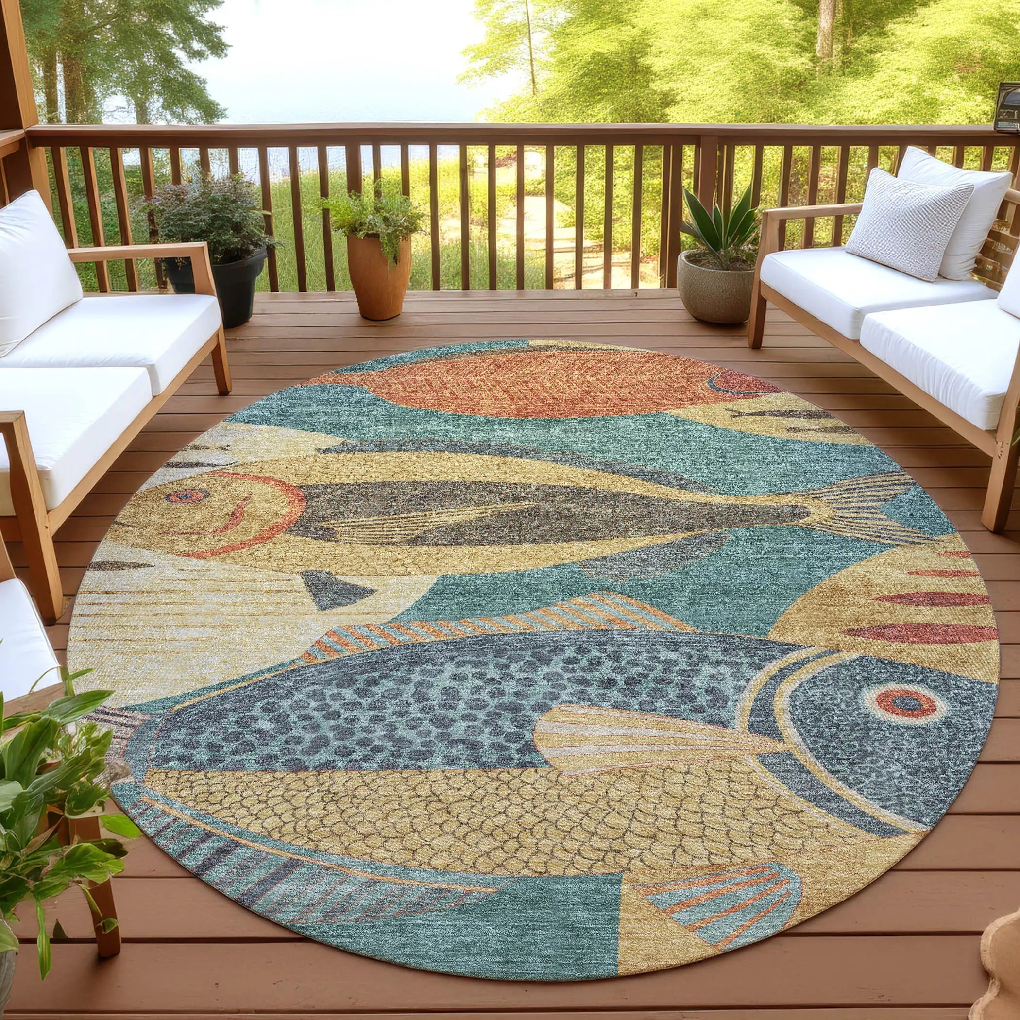 8' Teal Blue And Gold Round Tropical Fish Washable Indoor Outdoor Area Rug Homeroots Outdoor