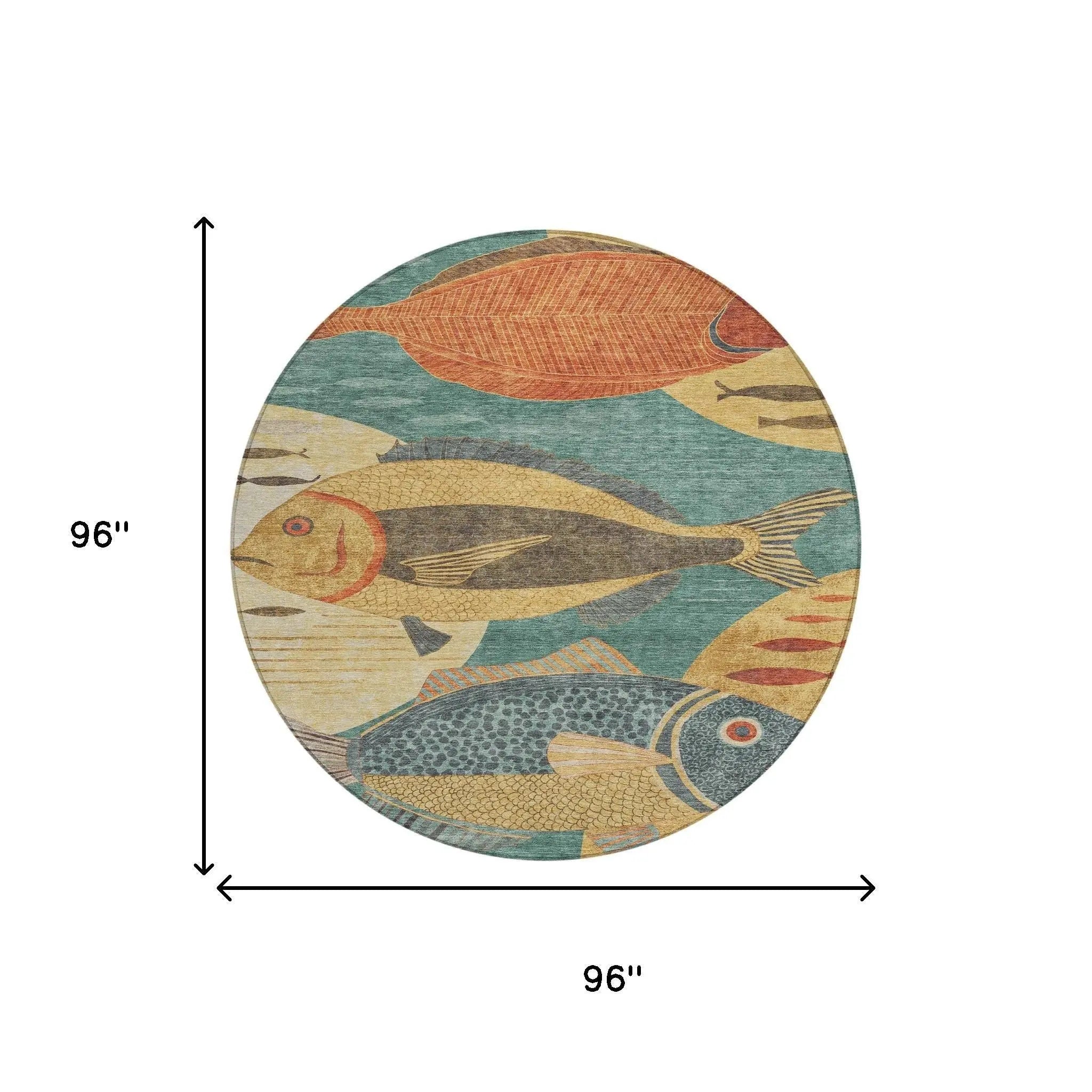 8' Teal Blue And Gold Round Tropical Fish Washable Indoor Outdoor Area Rug Homeroots Outdoor