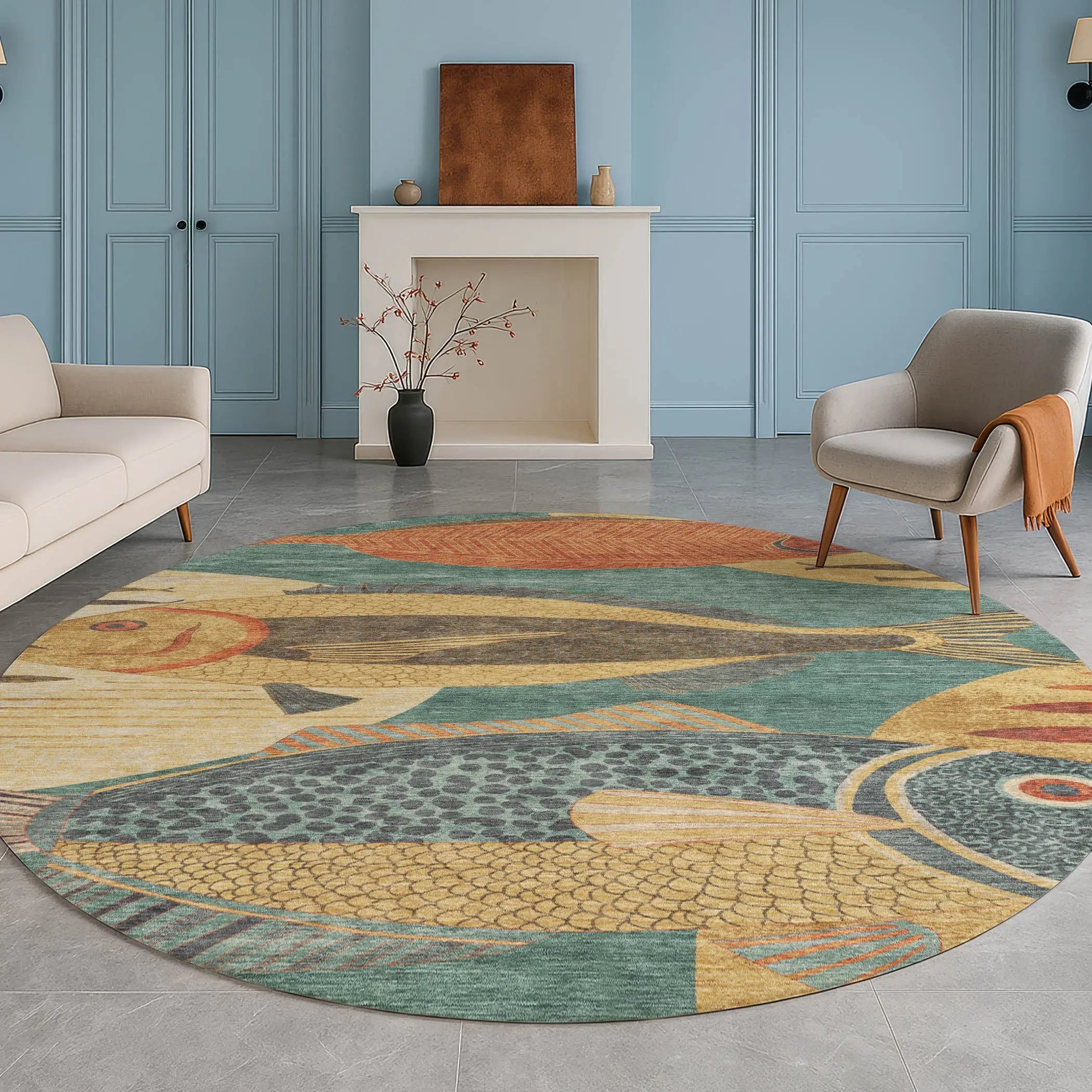 8' Teal Blue And Gold Round Tropical Fish Washable Indoor Outdoor Area Rug Homeroots Outdoor
