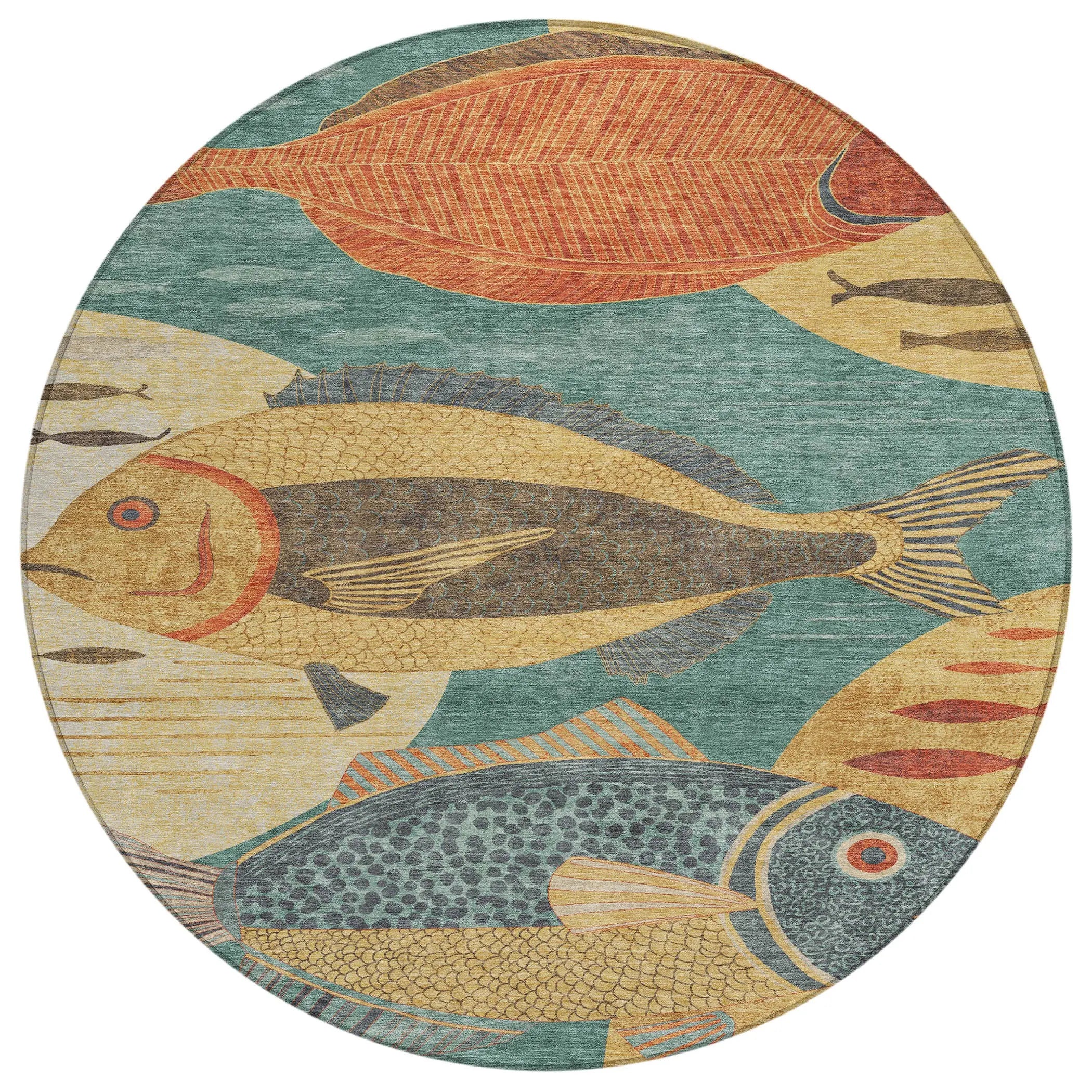 8' Teal Blue And Gold Round Tropical Fish Washable Indoor Outdoor Area Rug Homeroots Outdoor